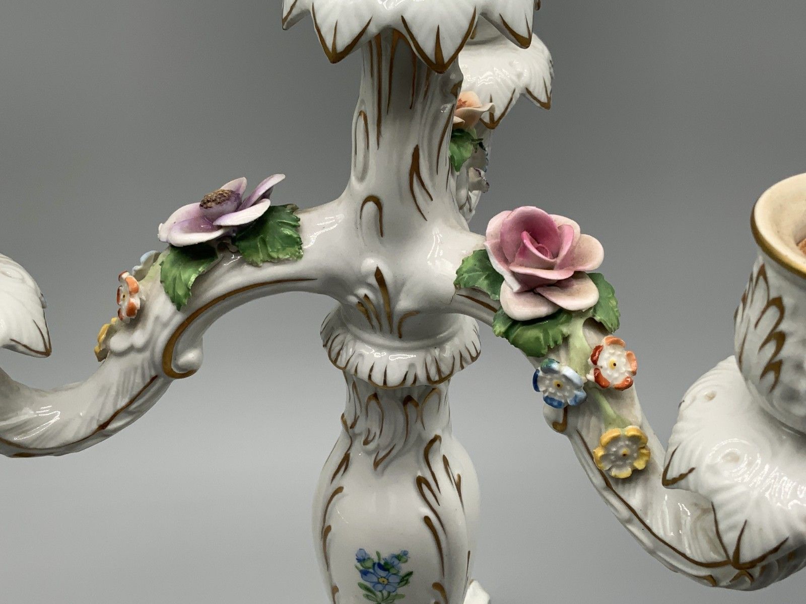 Pair Beautiful Rococo Style Floral Porcelain 4 Branch Candelabra Candlesticks photo vinterior