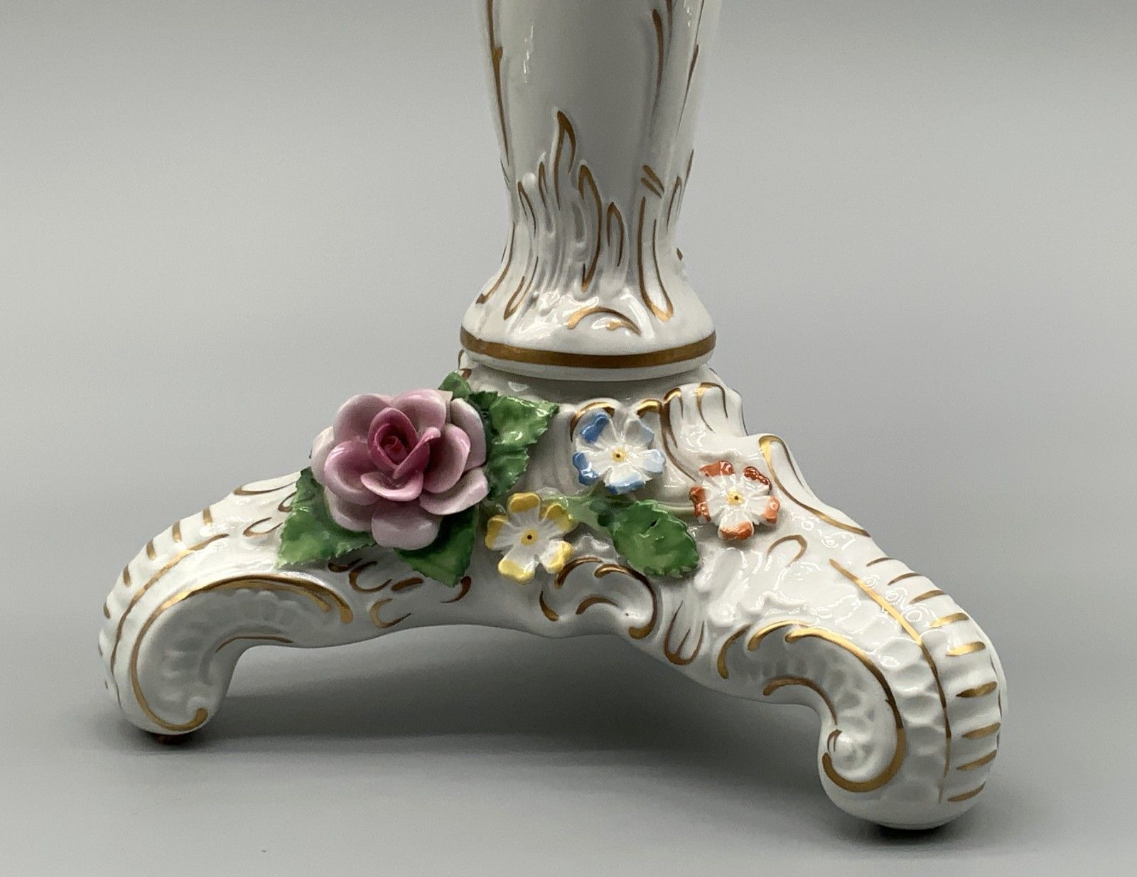 Pair Beautiful Rococo Style Floral Porcelain 4 Branch Candelabra Candlesticks photo vintage