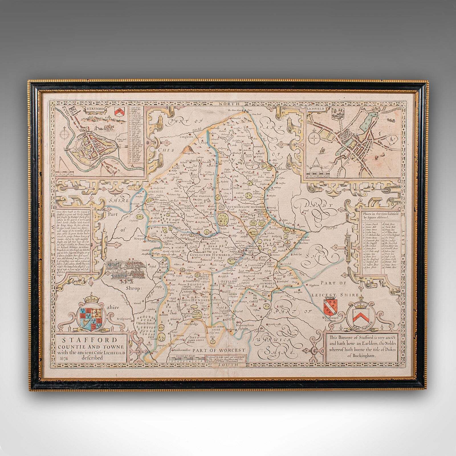 Antique Stafford County Map, English, Atlas Engraving, 17th Century, Cartography photo furniture