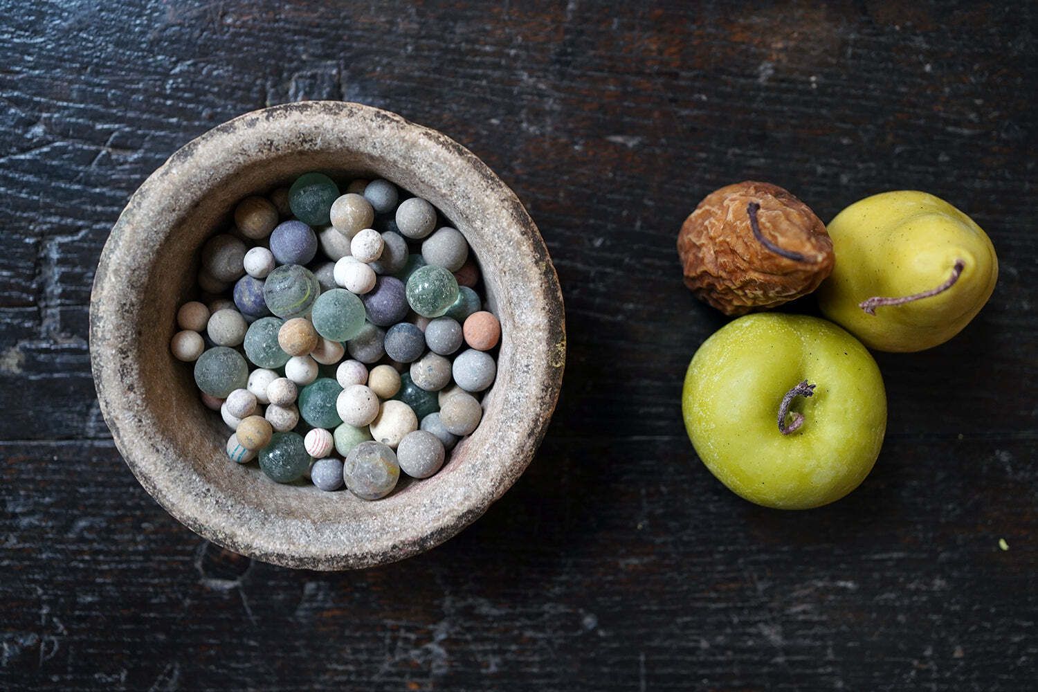 A Late 19thc Indian Marble Bowl Containing A Collection Of Clay & Glass Marbles photo furniture