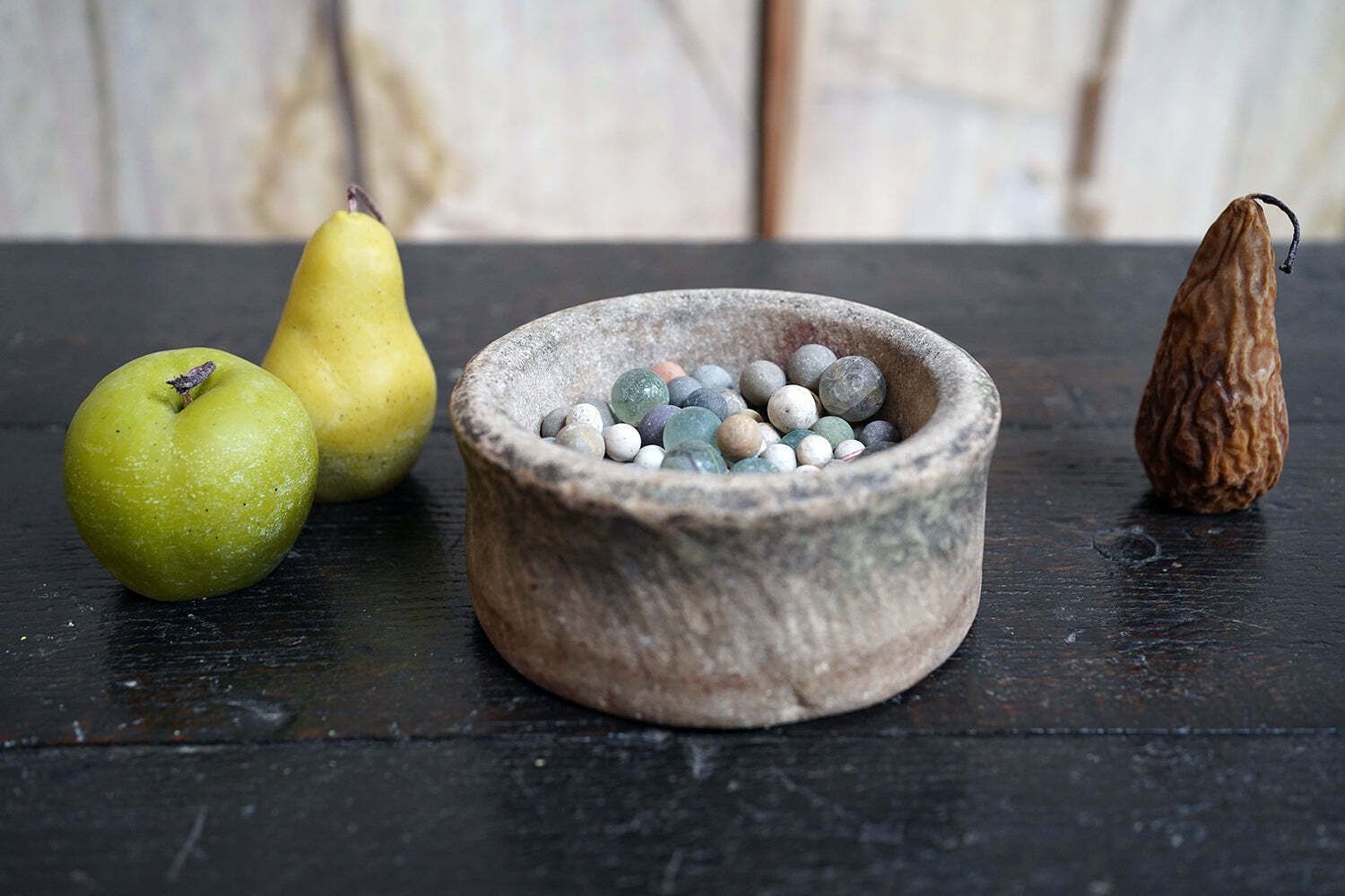A Late 19thc Indian Marble Bowl Containing A Collection Of Clay & Glass Marbles photo 420.0