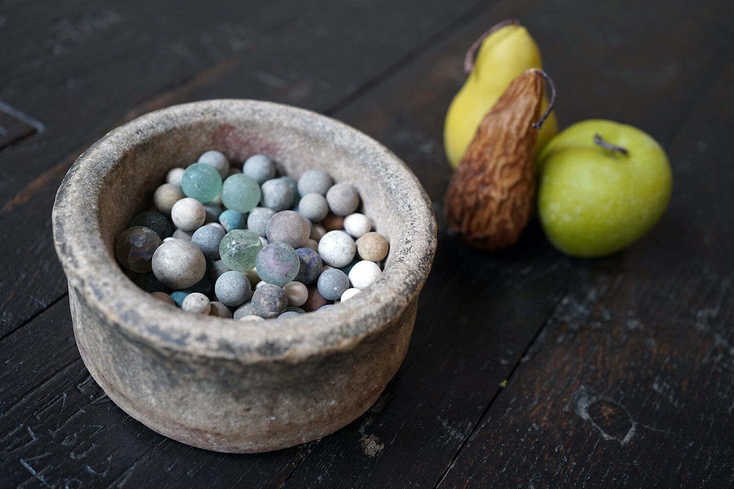 A Late 19thc Indian Marble Bowl Containing A Collection Of Clay & Glass Marbles photo vinterior