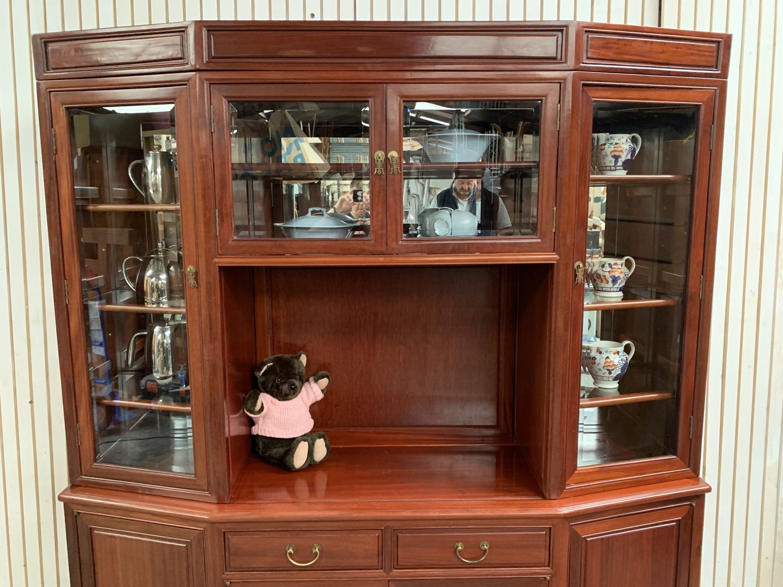 Large Oriental Hardwood Display Cabinet With Glass Doors And Shelves On The Top photo for sale