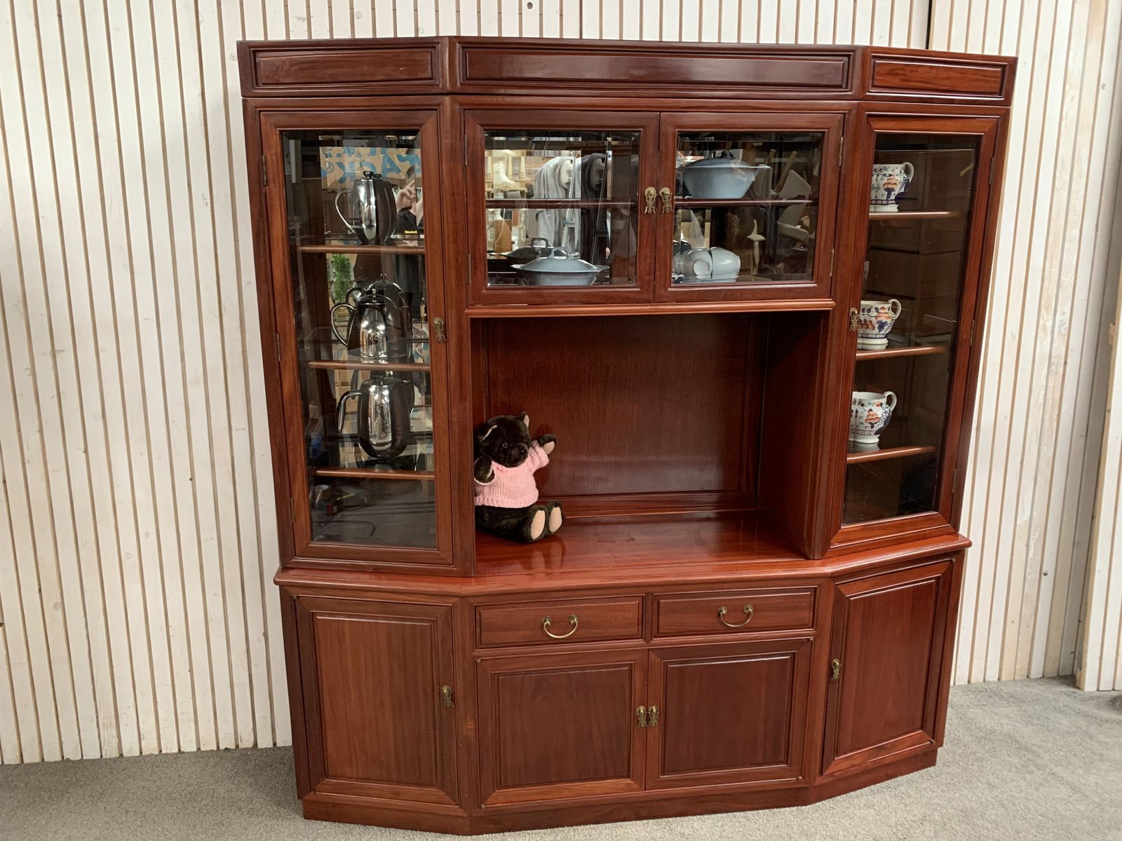 Large Oriental Hardwood Display Cabinet With Glass Doors And Shelves On The Top photo vinterior