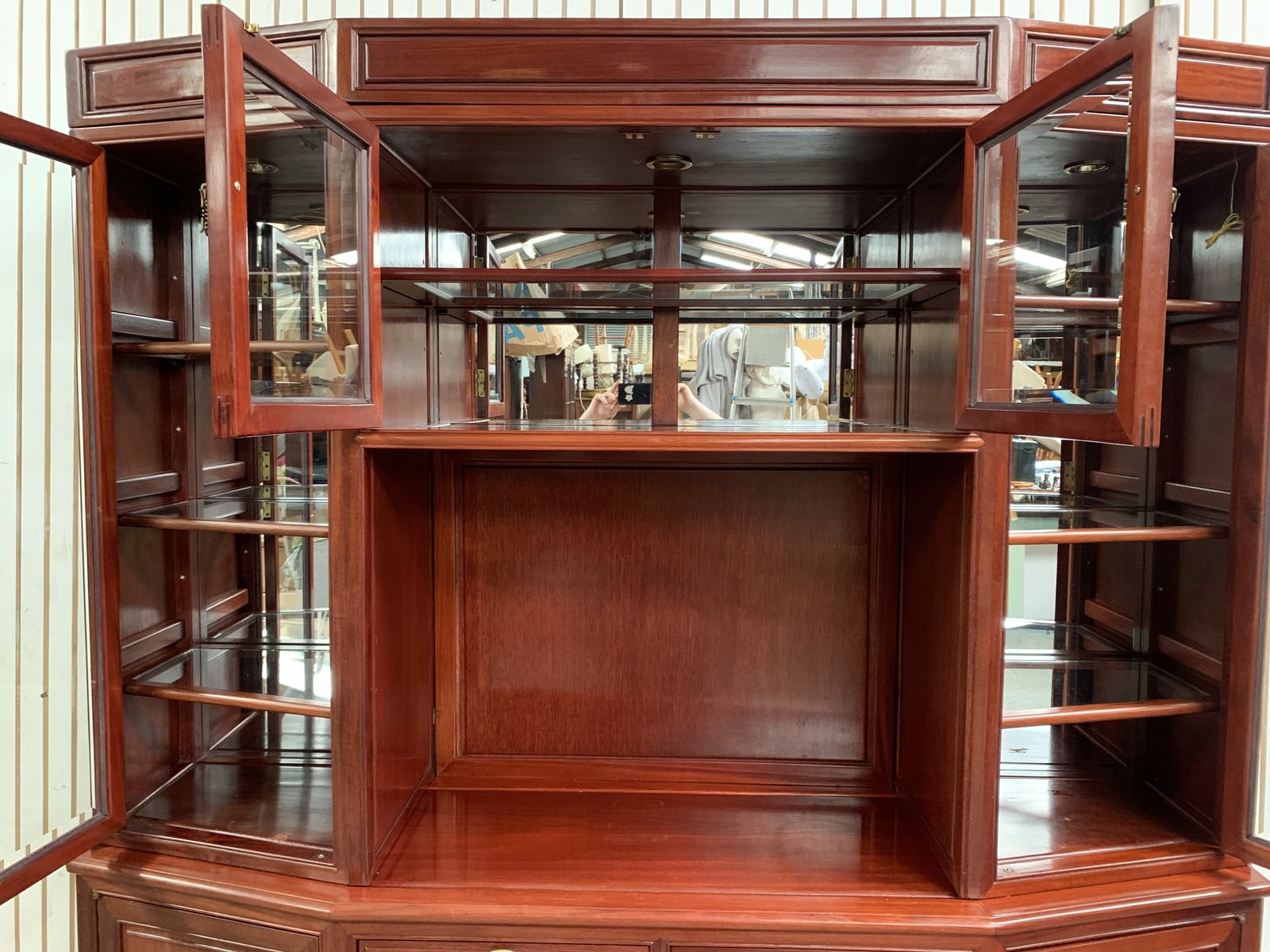 photo for sale Large Oriental Hardwood Display Cabinet With Glass Doors And Shelves On The Top