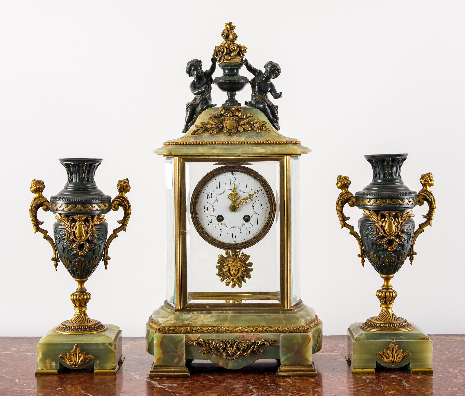 French Onyx & Gilt Bronze Three Piece Mantel Clock Garniture, C.1900