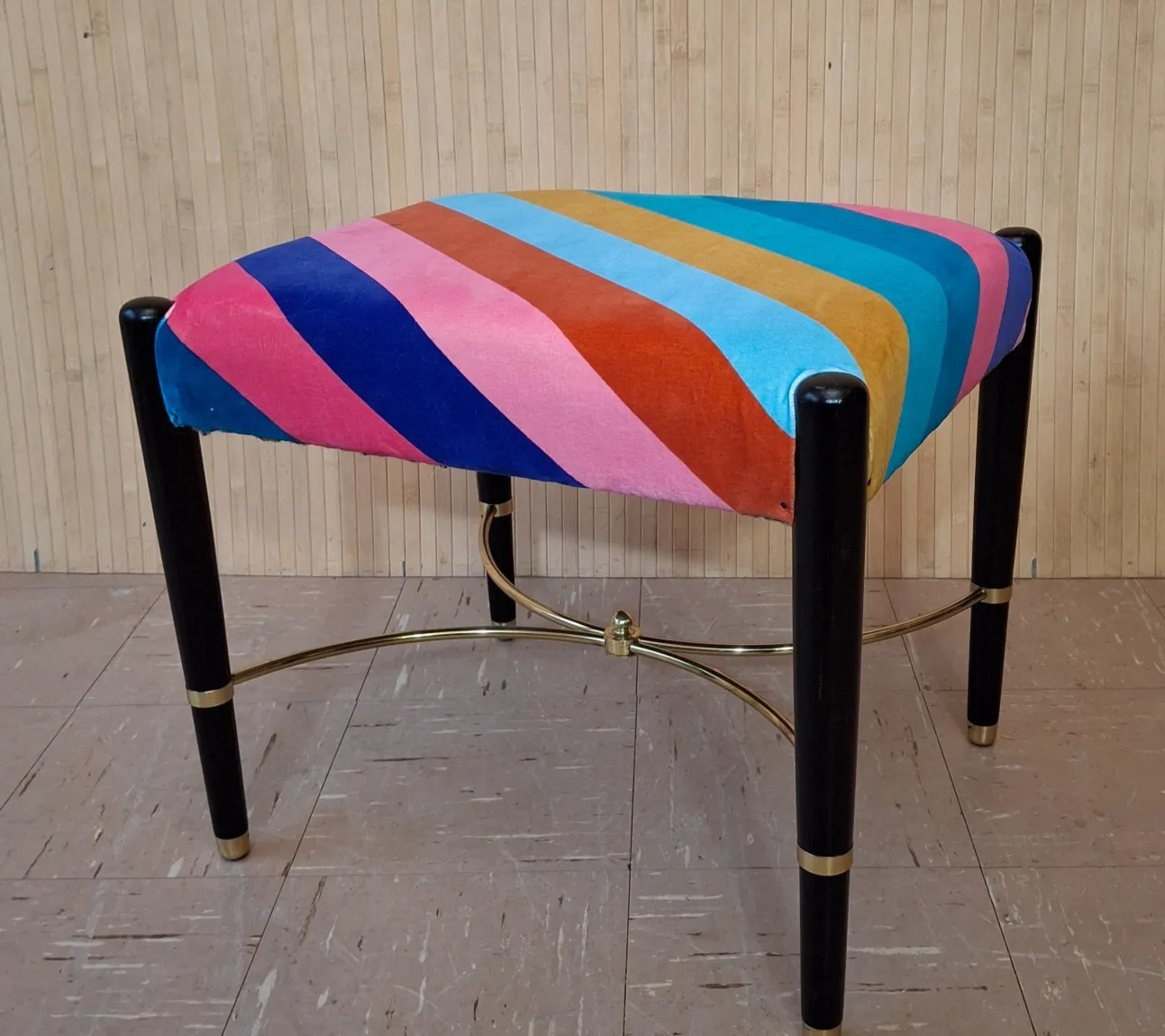 Fab Vintage Retro Upholstered Sherbet Multi Stripe Velvet Dressing Table Stool