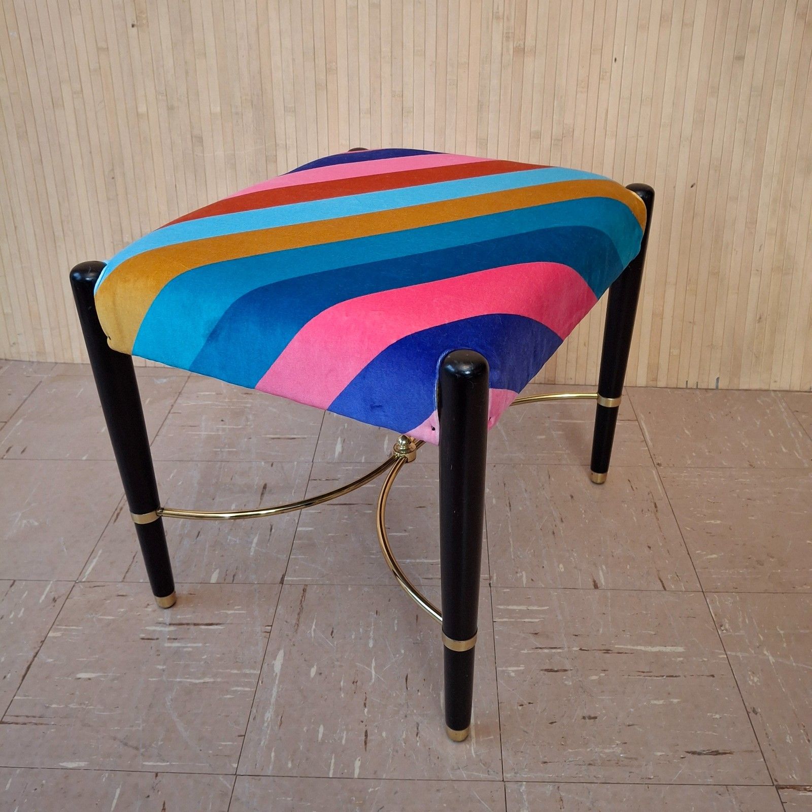 photo for sale Fab Vintage Retro Upholstered Sherbet Multi Stripe Velvet Dressing Table Stool
