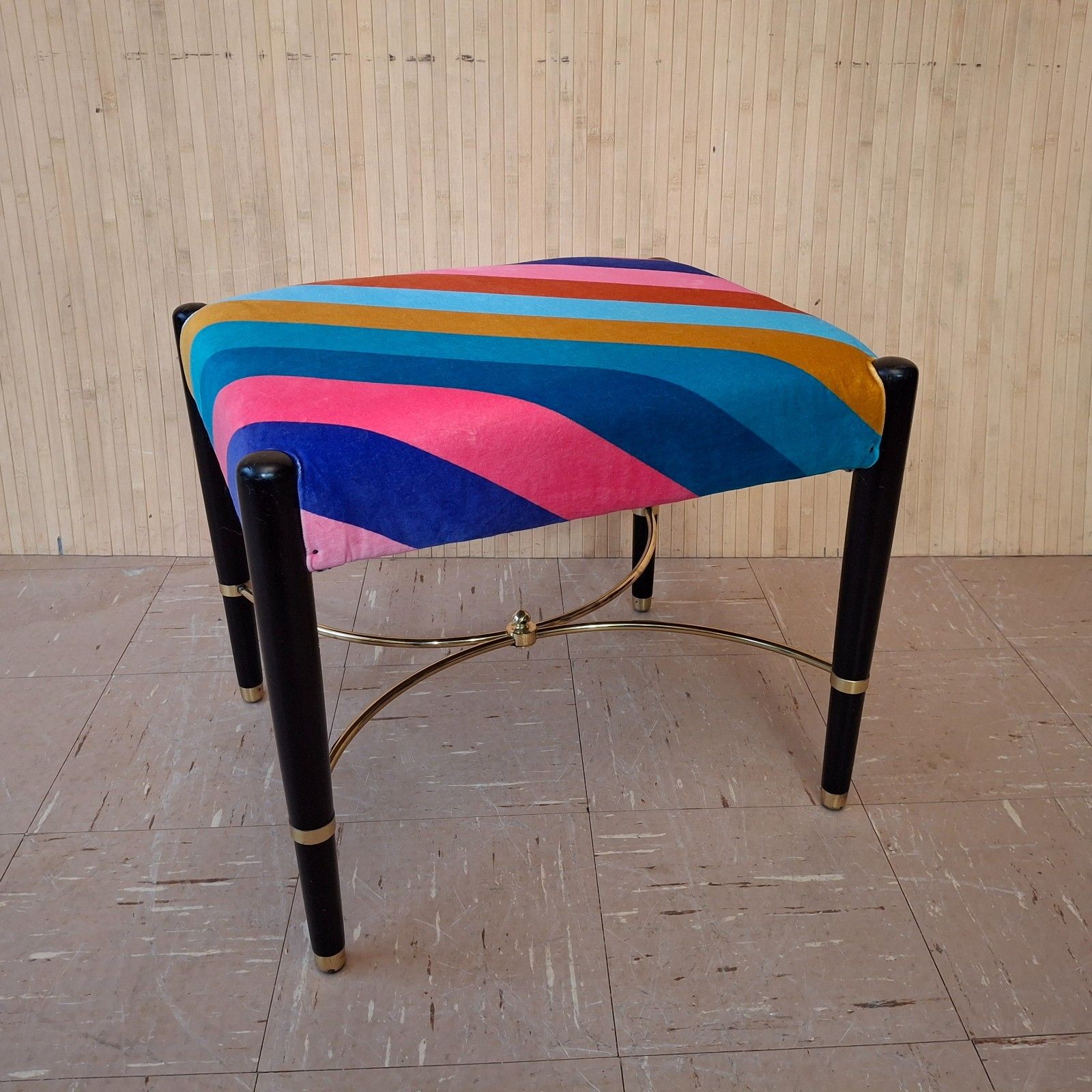 Furniture Fab Vintage Retro Upholstered Sherbet Multi Stripe Velvet Dressing Table Stool photo