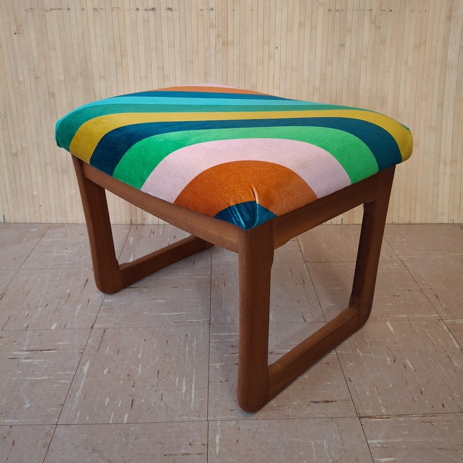 Furniture Fab Vintage Retro Mcm Upholstered Multi Stripe Velvet Teak Dressing Table Stool photo
