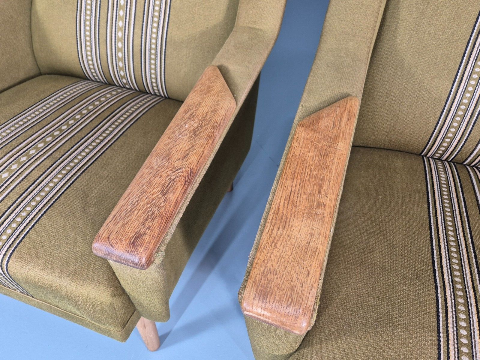 2 1970s Danish Lounge Chairs Green Wool Oak Details Retro Quality Eb11408 Mnor photo for sale