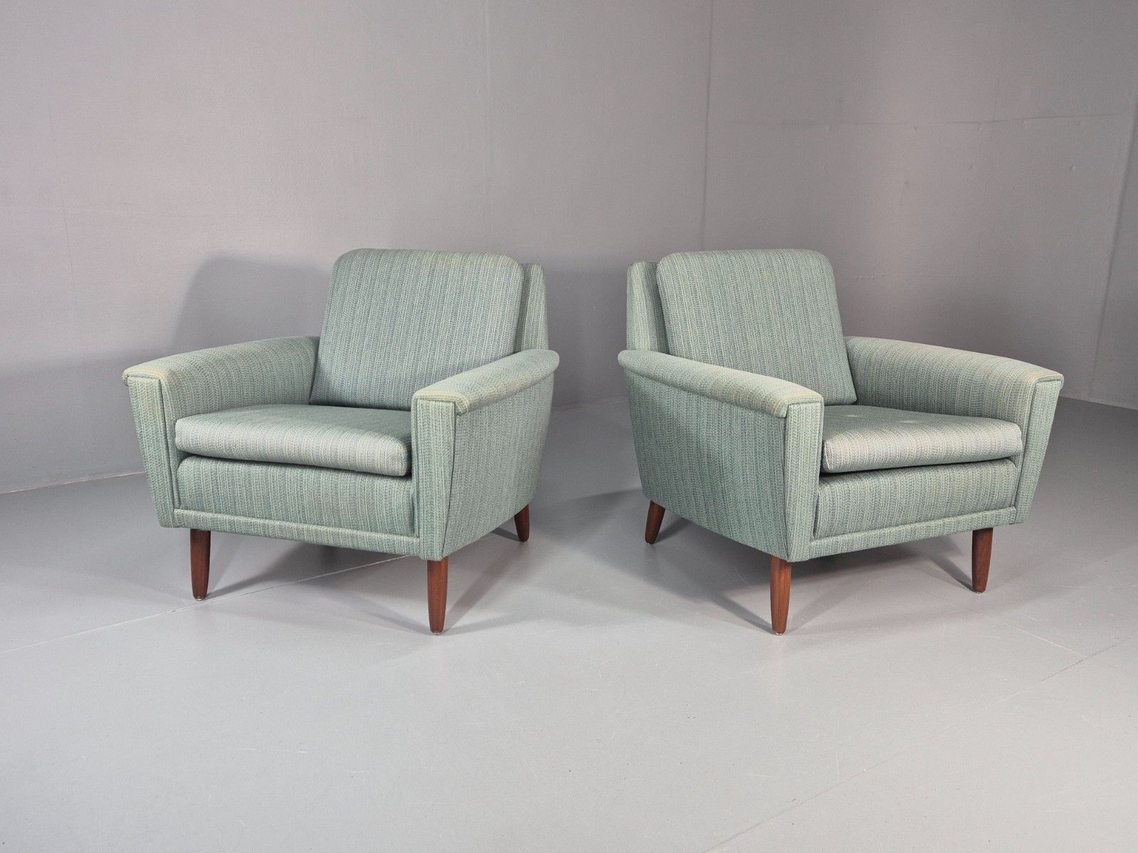 2 Mid Century Lounge Chairs 1960s Denmark Blue Wool Retro Eb11403 Mnor