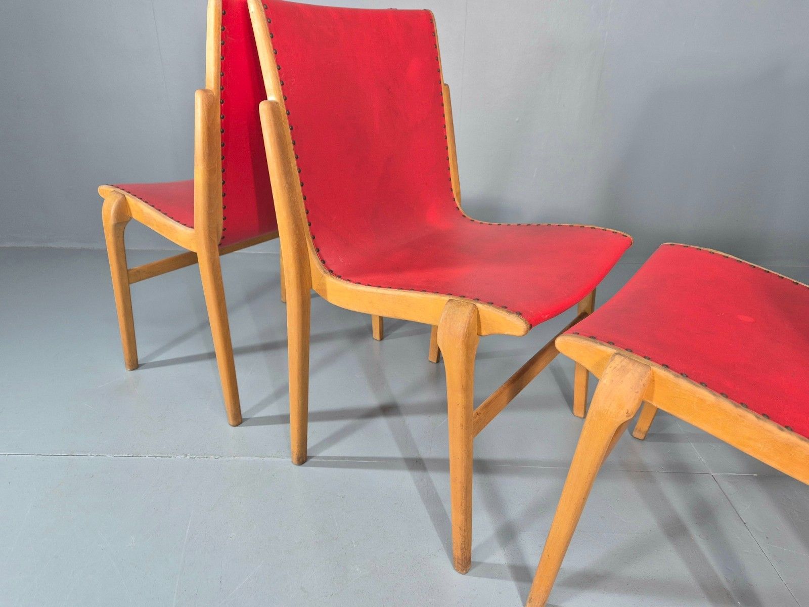 4 Stacking Lounge Chairs 1950s Swedish Red Beech Mid Century Retro Eb11102 Mdin photo buy