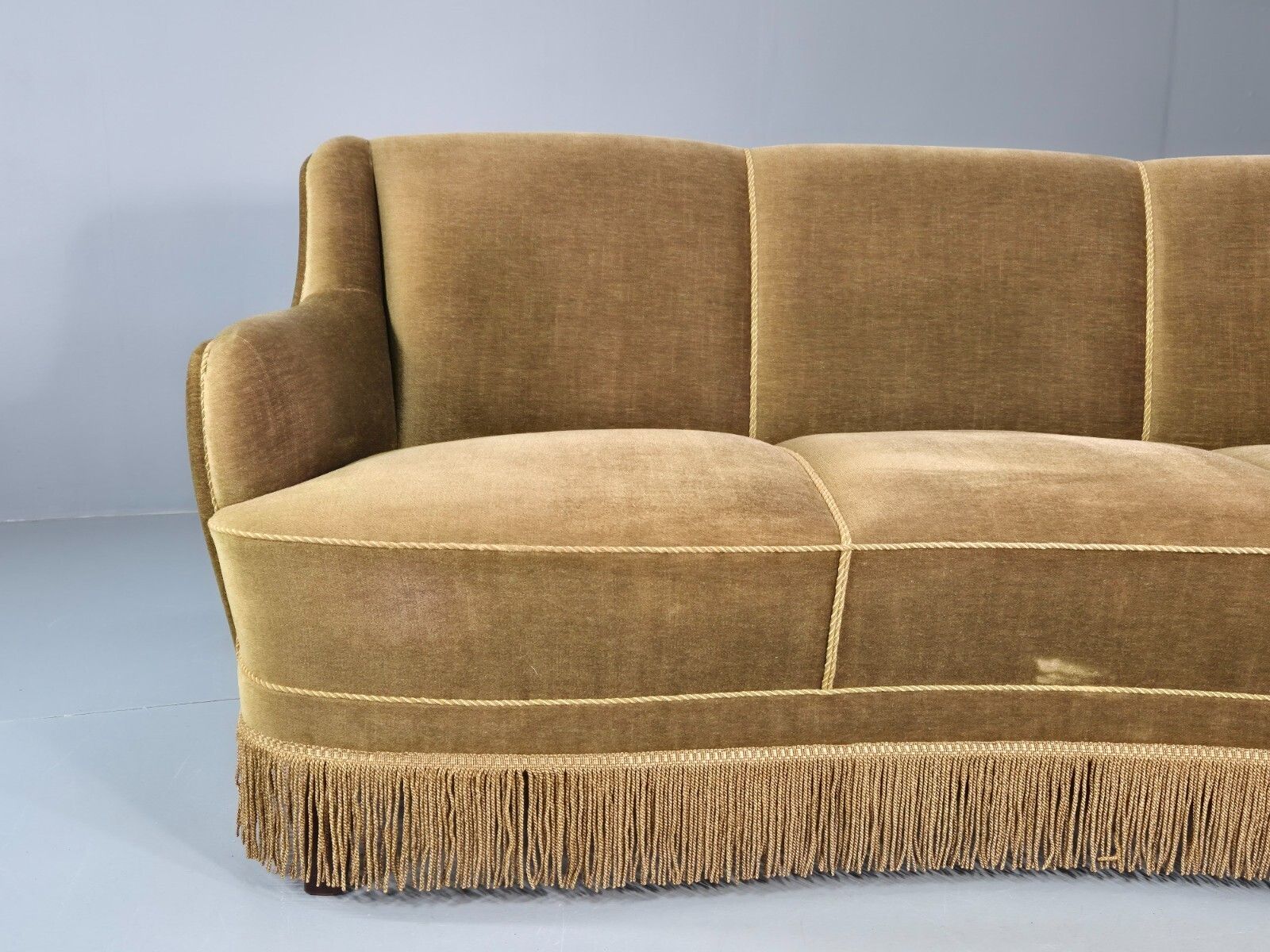 Vintage Danish  Banana Sofa Green Velour Tassels 1960s Retro Mcm  Eb10802 V3ss photo for sale