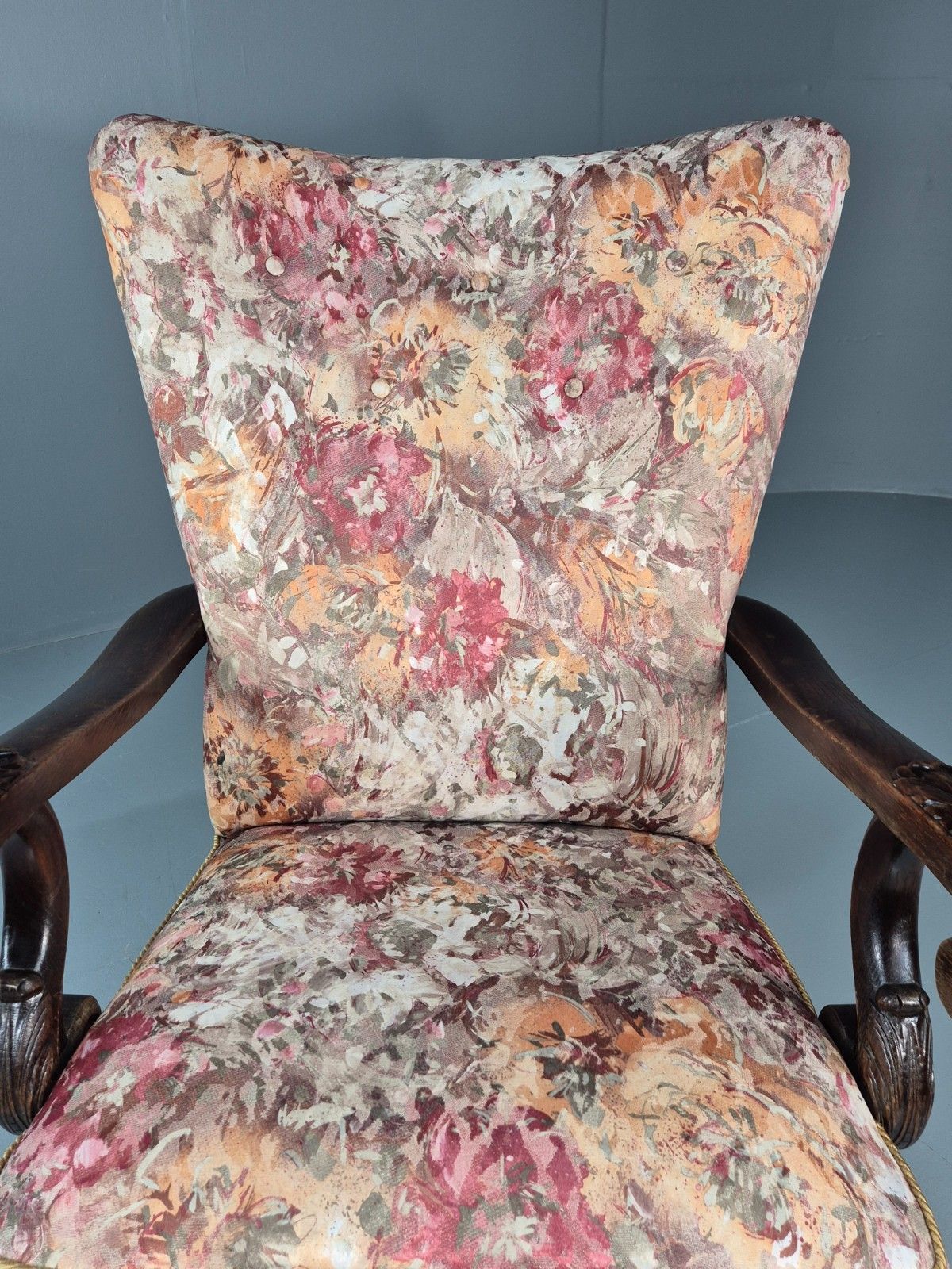 Vintage Carved Oak Chair Floral Fabric 1940s Traditional Curved Eb10752 Vcar photo Furniture