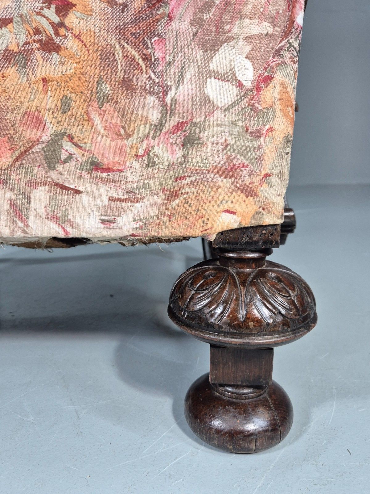 Vintage Carved Oak Chair Floral Fabric 1940s Traditional Curved Eb10752 Vcar photo vinterior