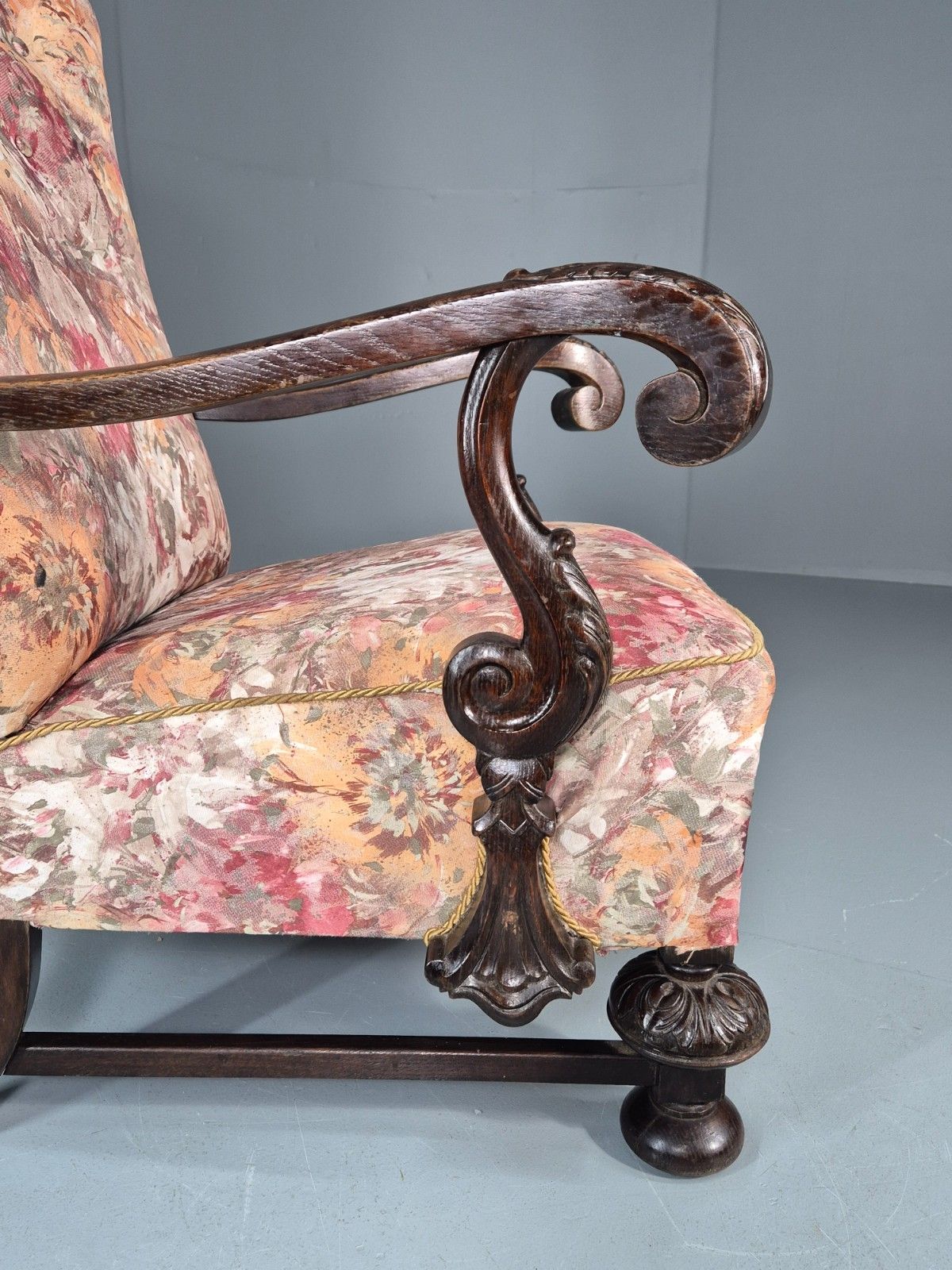 photo furniture Vintage Carved Oak Chair Floral Fabric 1940s Traditional Curved Eb10752 Vcar