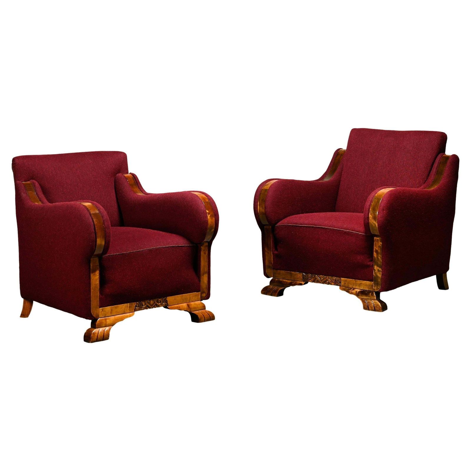 Pair Danish Cabinetmaker Art Deco Armchairs In Burgundy Wool Fabric