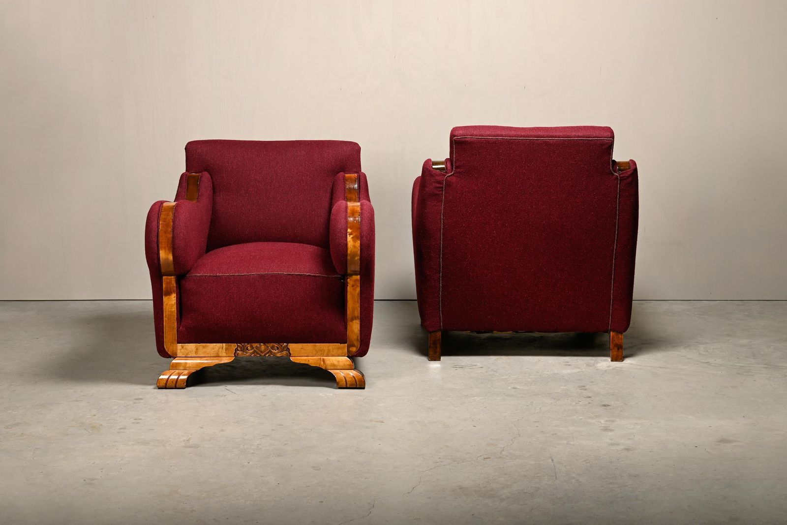 Pair Danish Cabinetmaker Art Deco Armchairs In Burgundy Wool Fabric photo Furniture