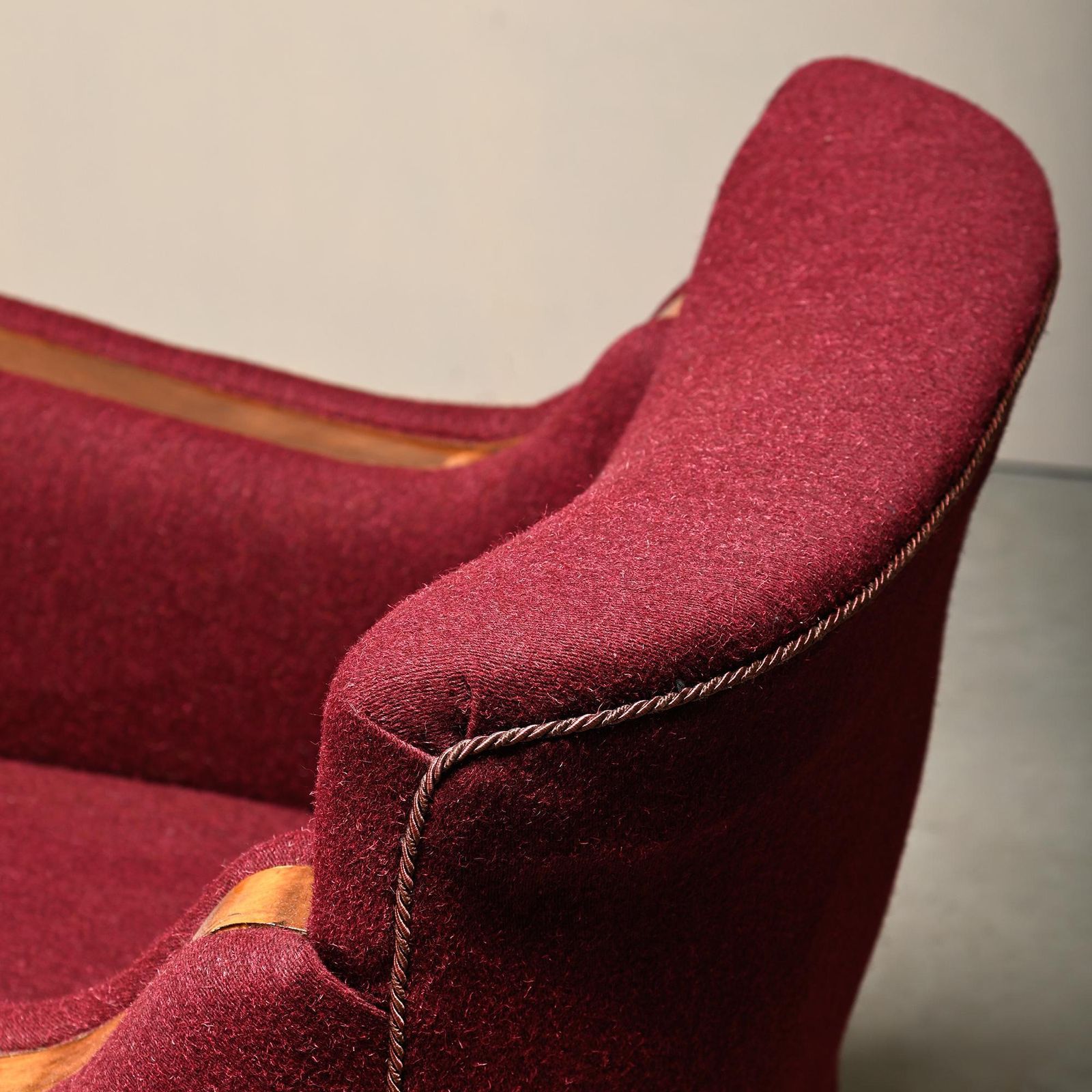 Furniture Pair Danish Cabinetmaker Art Deco Armchairs In Burgundy Wool Fabric photo