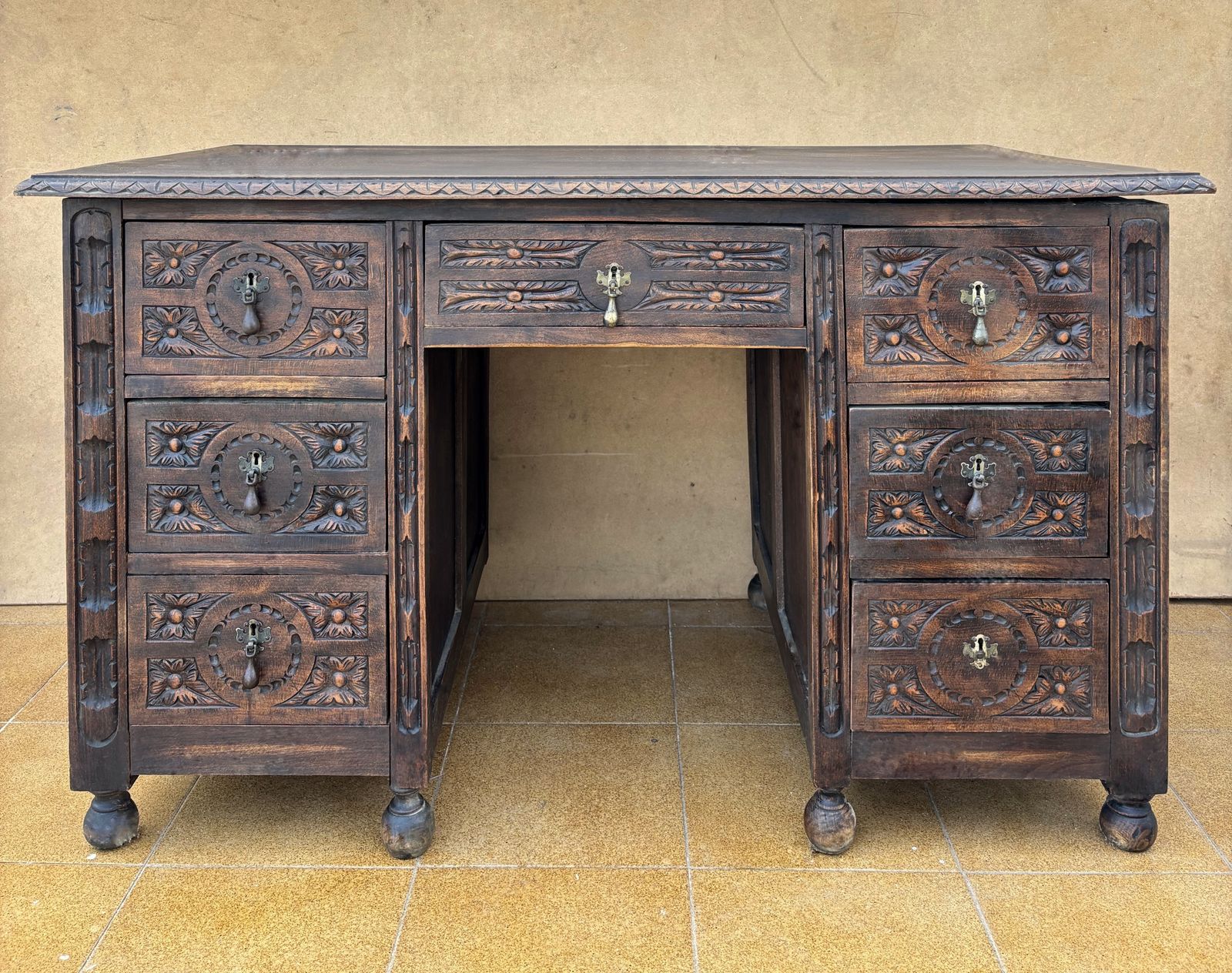 Antique Spanish Carved Oak Desk, Early 20th Century photo for sale
