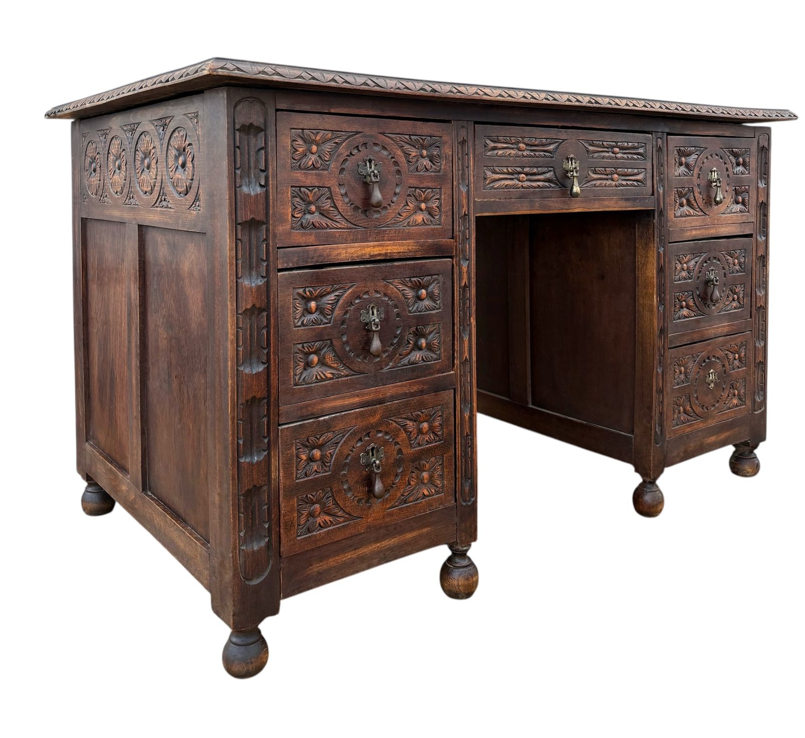 Antique Spanish Carved Oak Desk, Early 20th Century