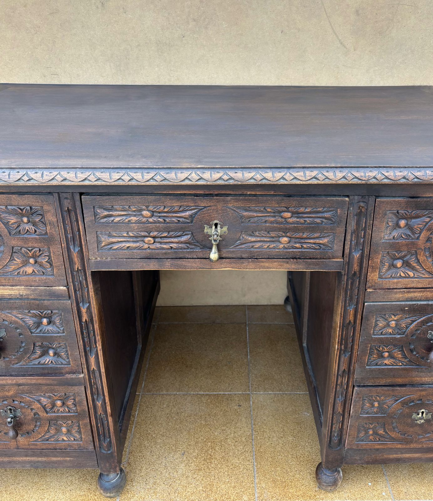 Antique Spanish Carved Oak Desk, Early 20th Century photo Furniture