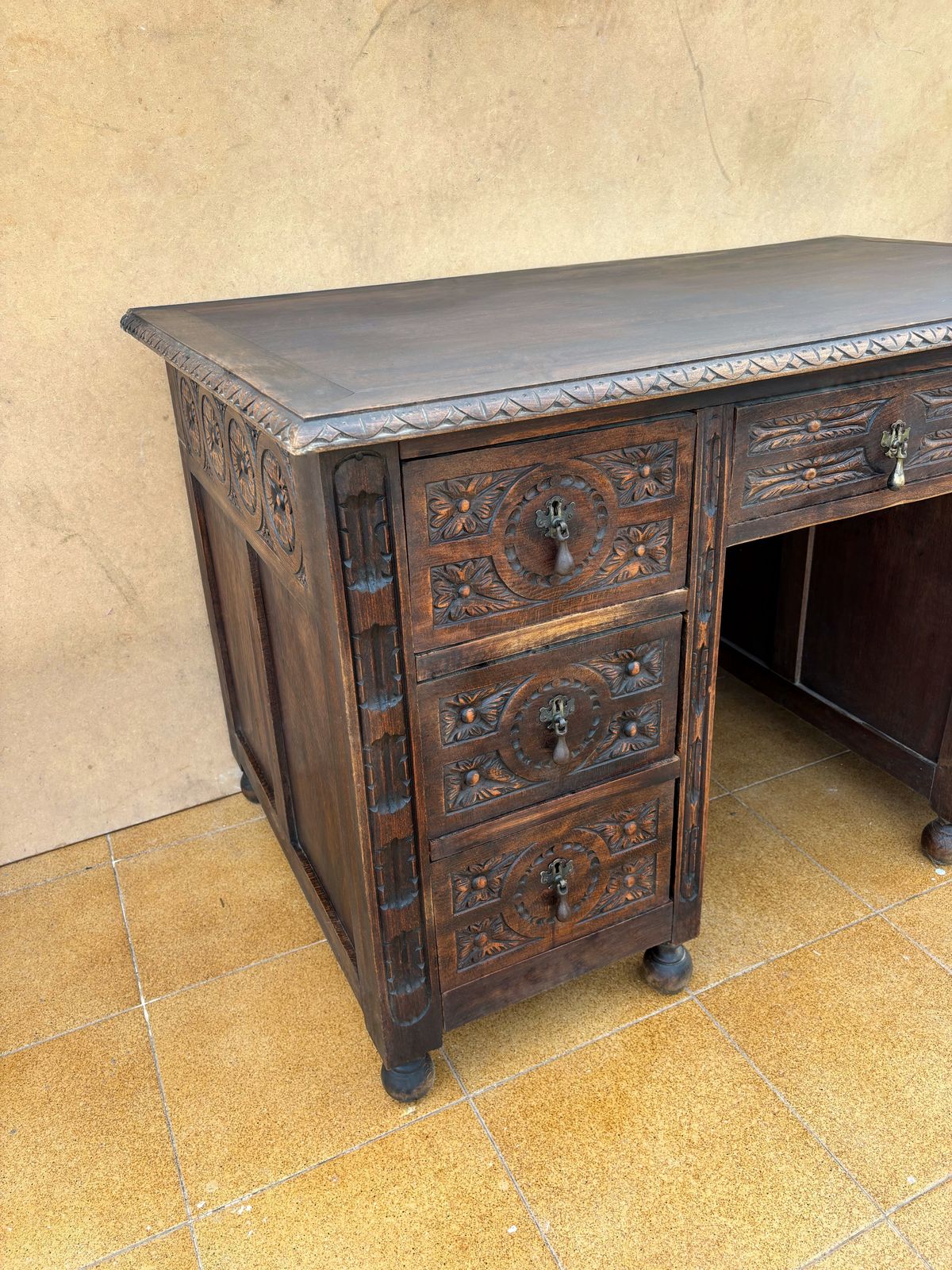 photo furniture Antique Spanish Carved Oak Desk, Early 20th Century