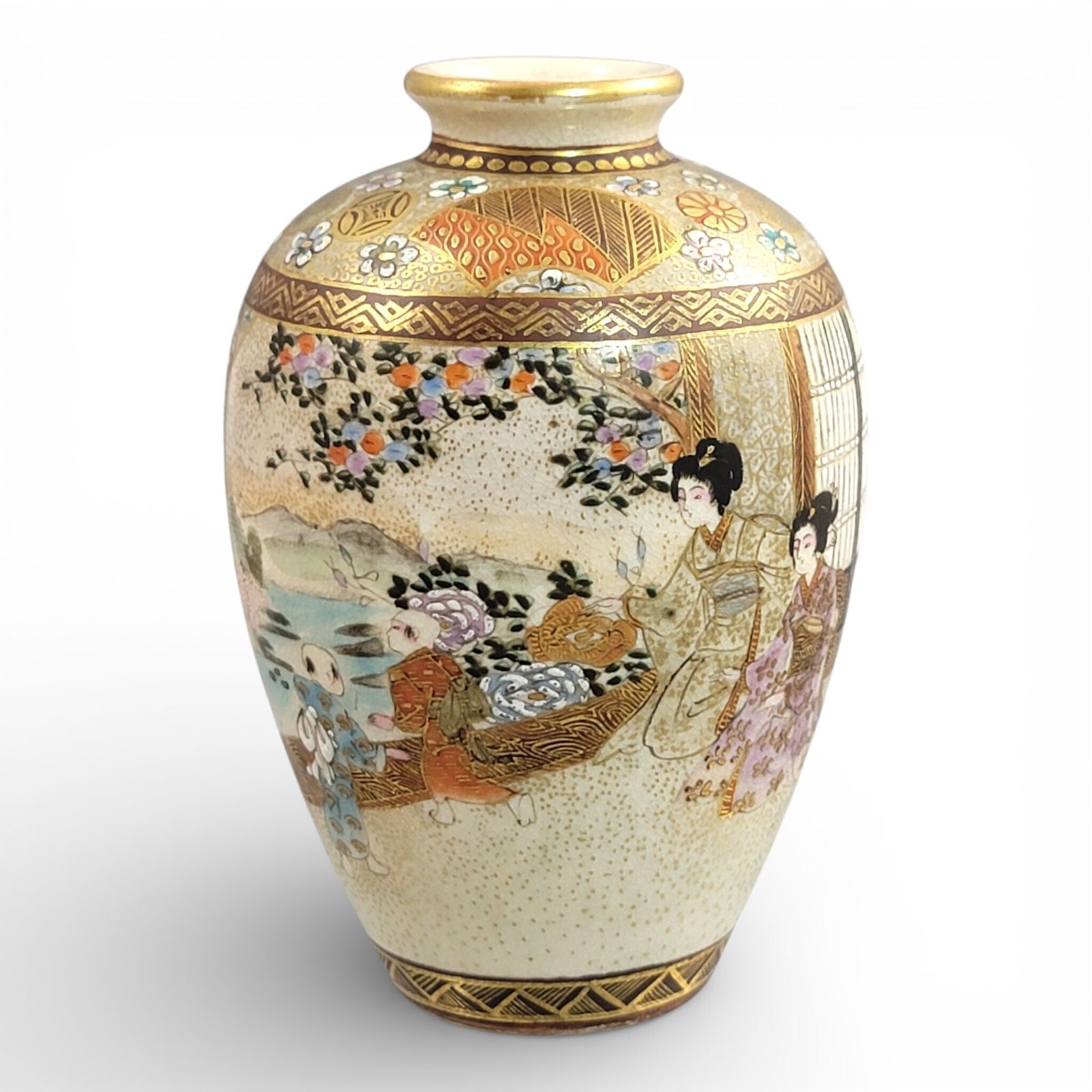 Antique Japanese Meiji Period Satsuma Vase By Shuzan With Stippled Gold (C. 1900)
