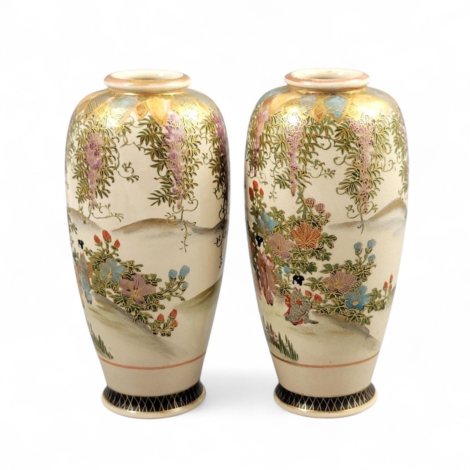 Pair Kyoto Satsuma Vases By Hakusan (白山), Wisteria & Bijin, C. 1890–1915 photo furniture
