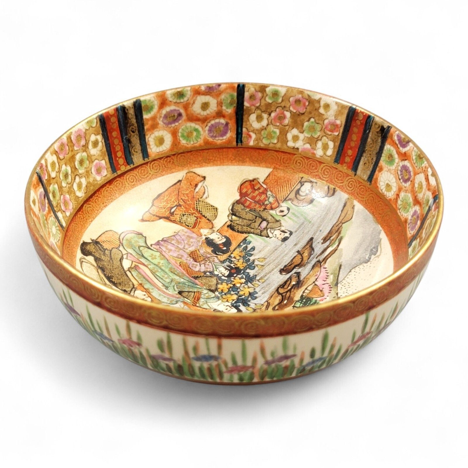 Antique Kyoto Satsuma Bowl “Bijin With Children Under Camellia Tree”, C.1890