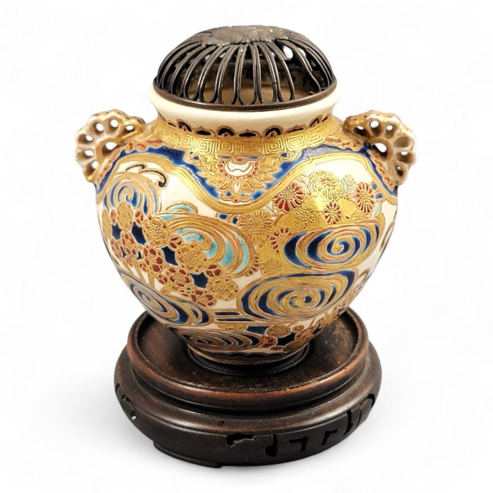Antique Meiji Satsuma Koro Incense Burner Signed Kizan With Shimazu Crest C.1885