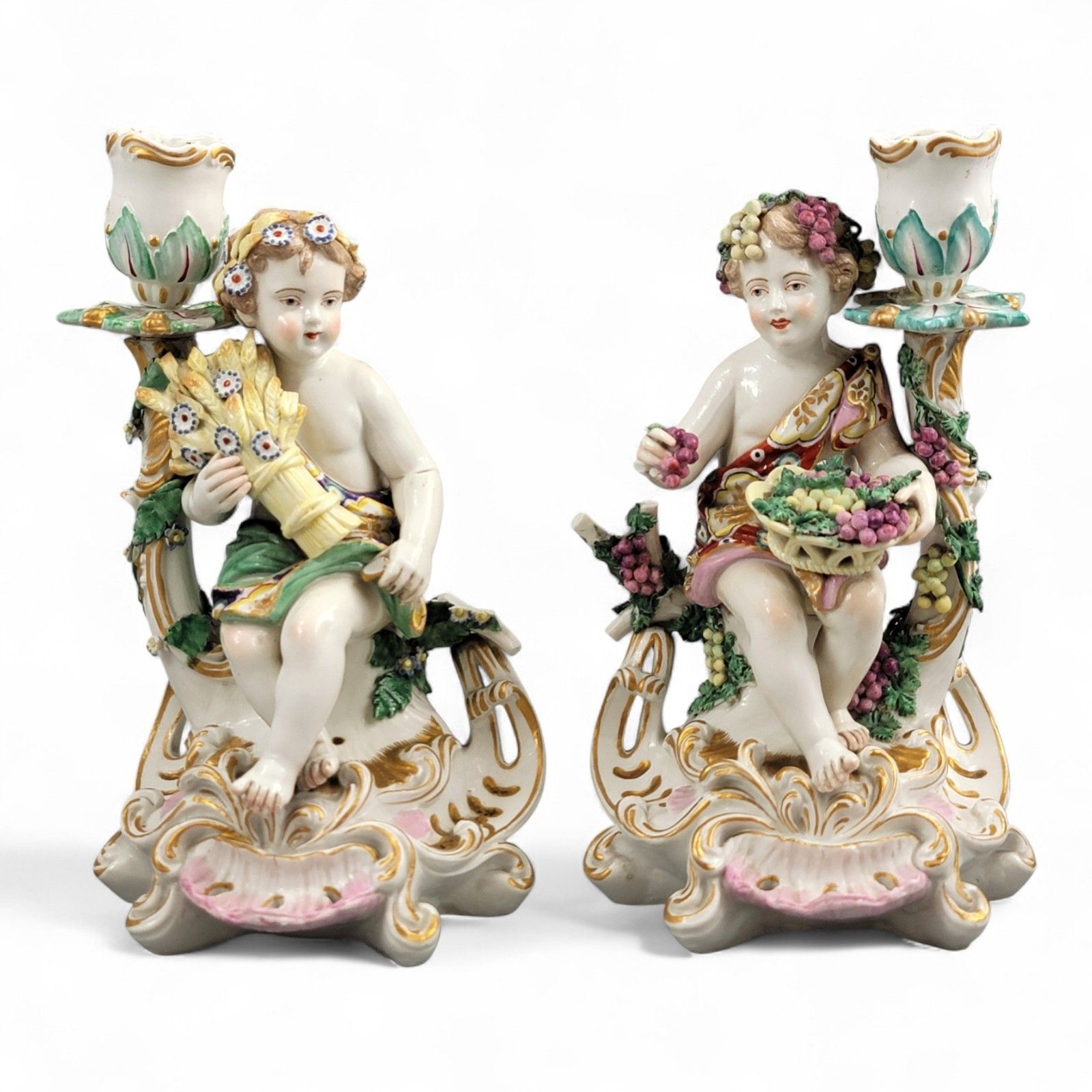 Antique Georgian Chelsea Porcelain Summer And Autumn Candlesticks C.1775–1783