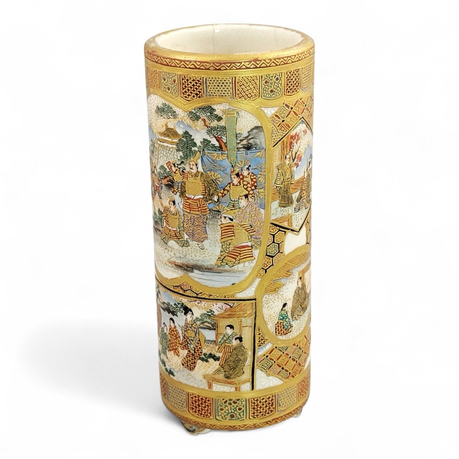 Meiji Japanese Satsuma Cylindrical Vase With Samurai Scenes, Shimazu Mark photo furniture