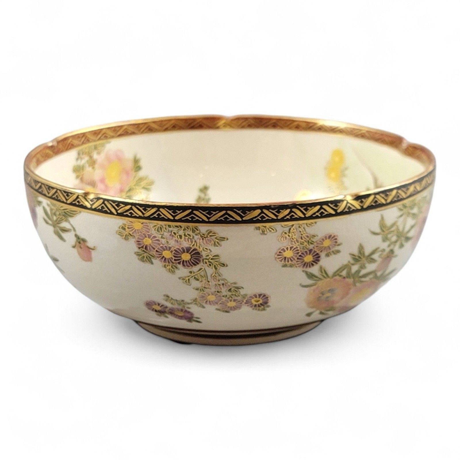 Antique Meiji Japanese Satsuma Porcelain Floral Bowl By Nikko, Shimazu Crest