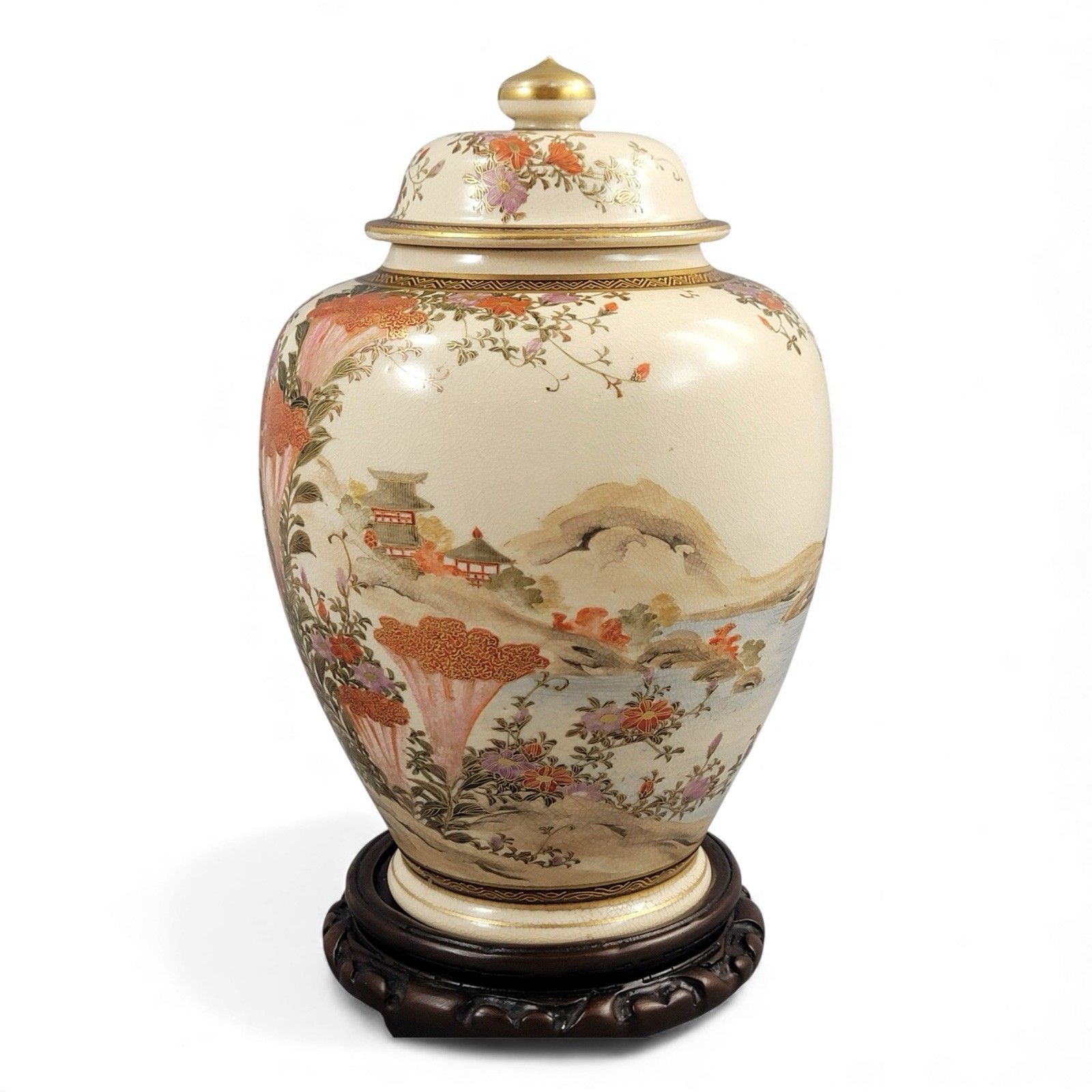 Antique Japanese Kyoto Satsuma Landscape Jar Signed Yamashu C.1890 Meiji photo for sale