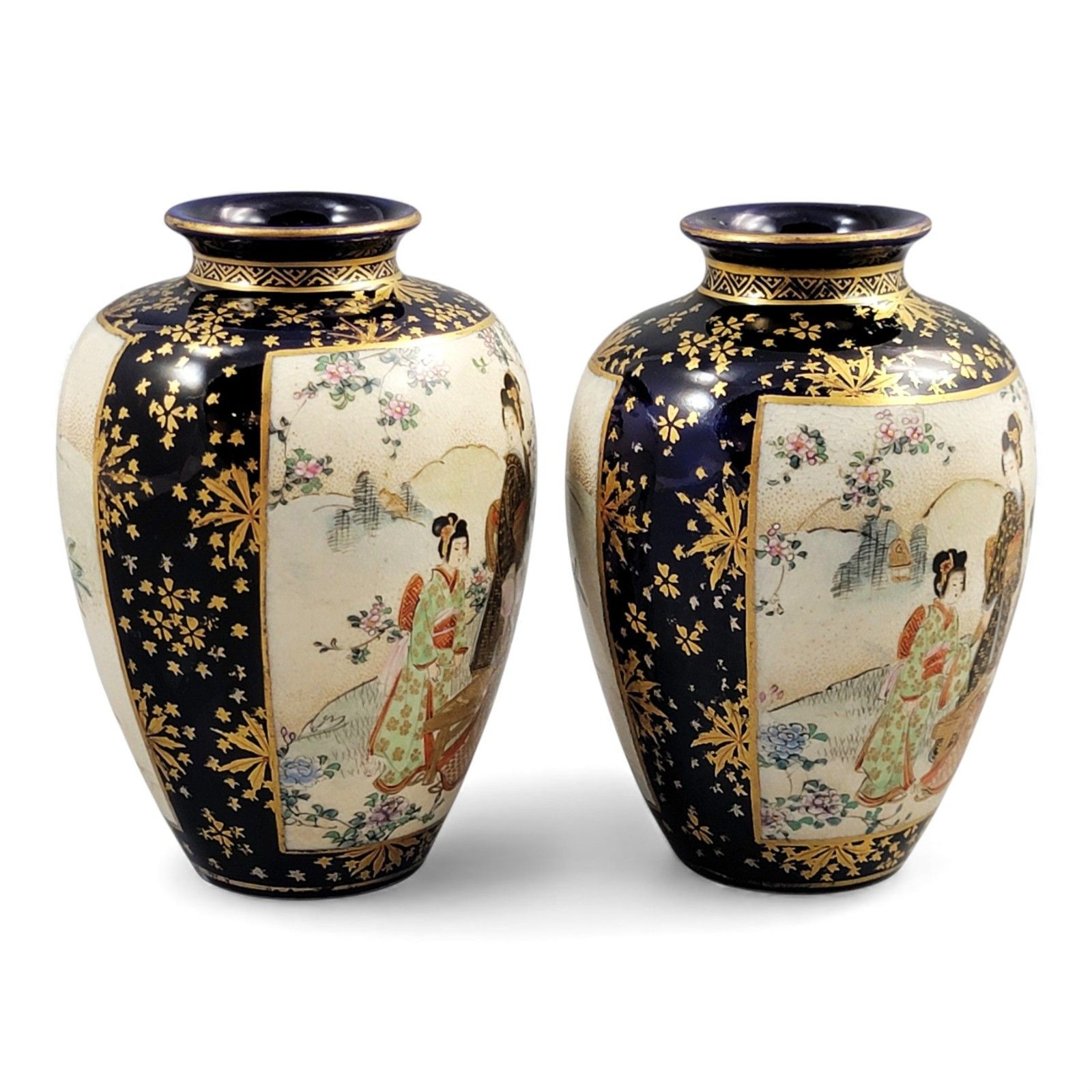 Antique Japan Kinkozan Kyoto Satsuma Porcelain Cobalt And Gold Vase Pair Meiji photo 1500.0