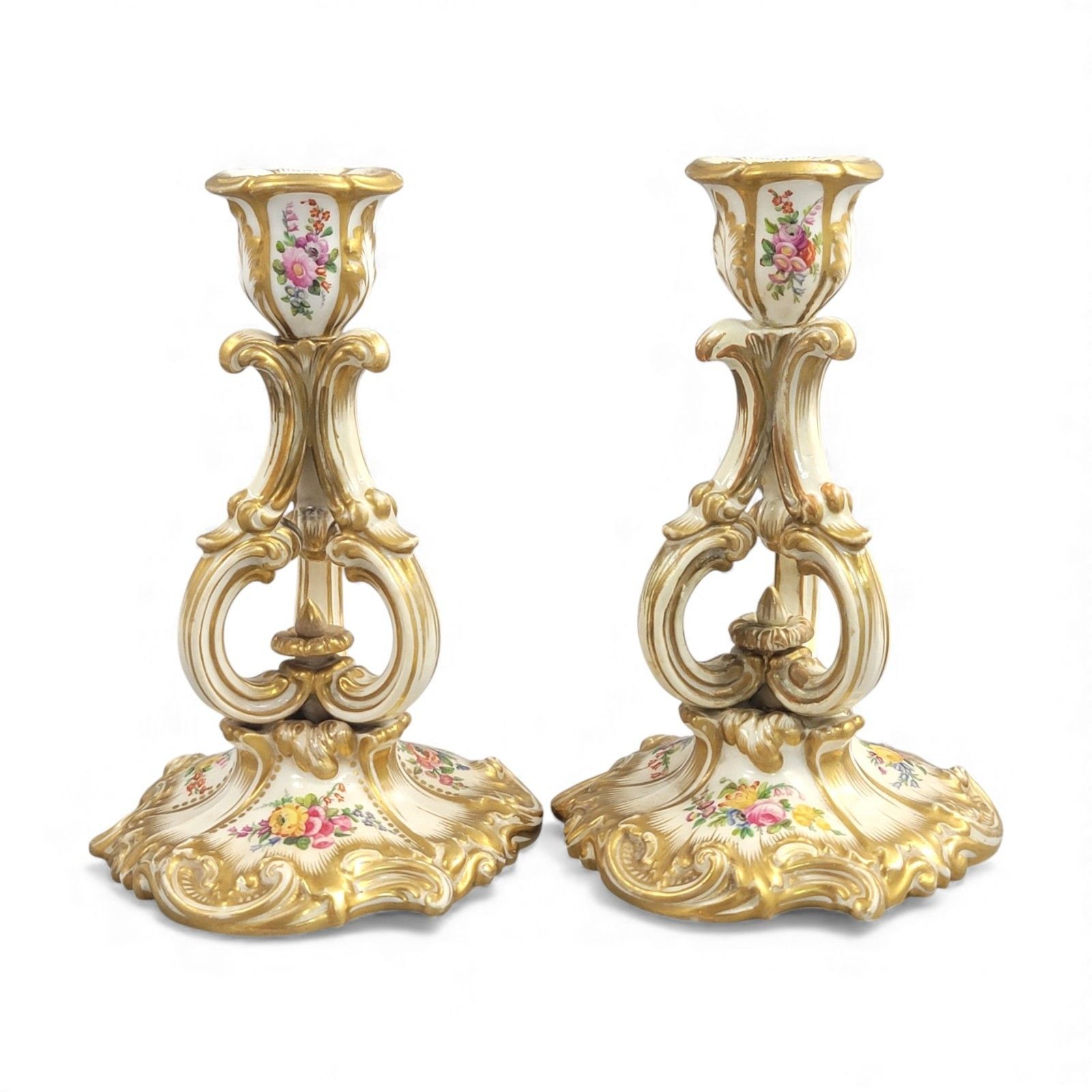 Derby Rococo Porcelain Candlesticks Pair C.1825 Hand Painted Flowers Regency photo Home Decor