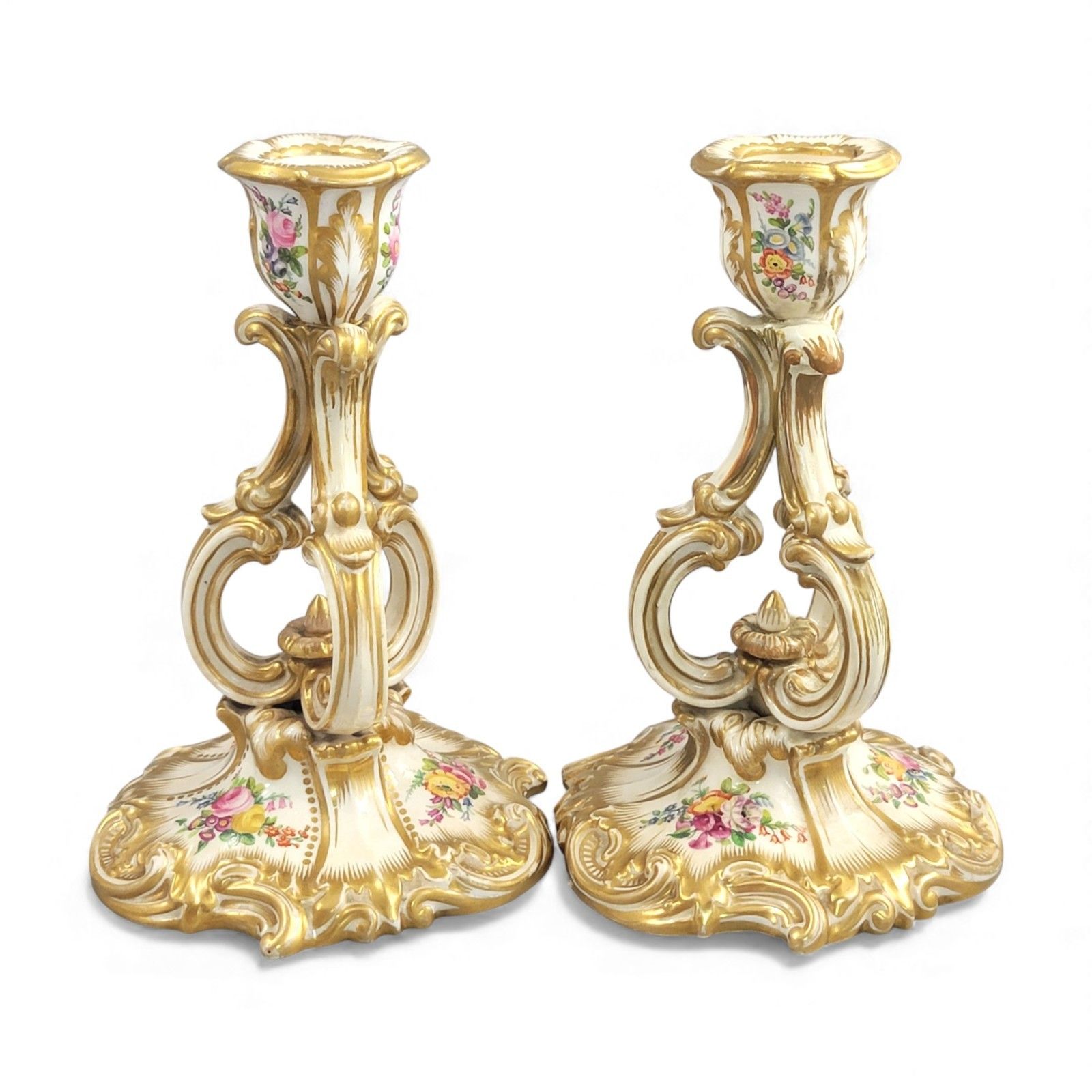 Derby Rococo Porcelain Candlesticks Pair C.1825 Hand Painted Flowers Regency photo 500.0