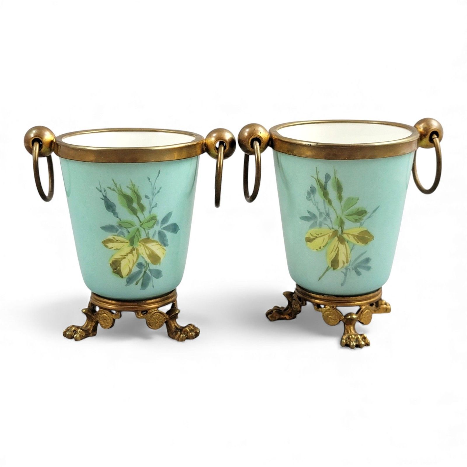 Old Paris Turquoise Cache Pots Pair C.1840 With Gilt Bronze Mounts French Decor photo for sale