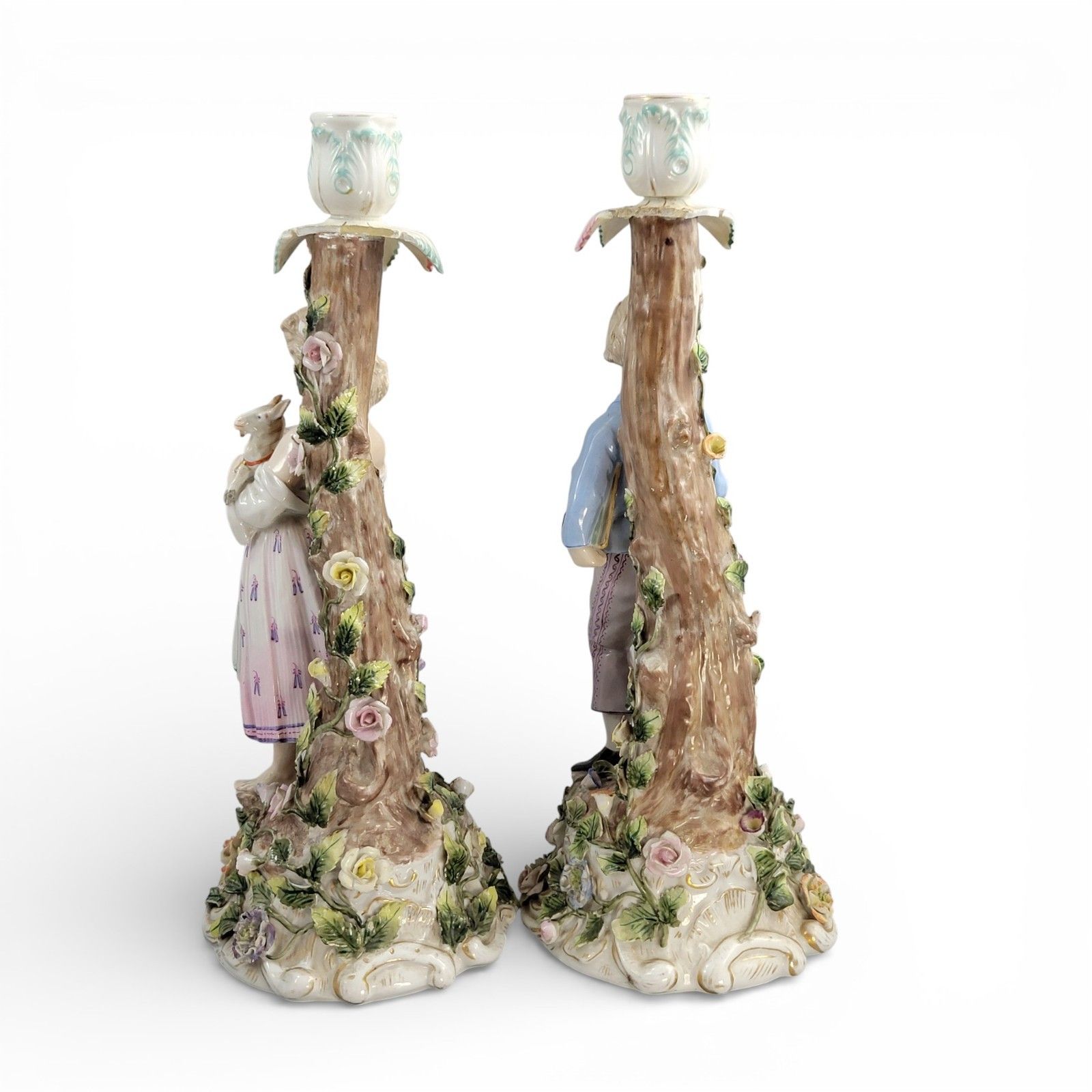 Large Sitzendorf Porcelain Figural Candlesticks Pair With Children And Animals photo for sale