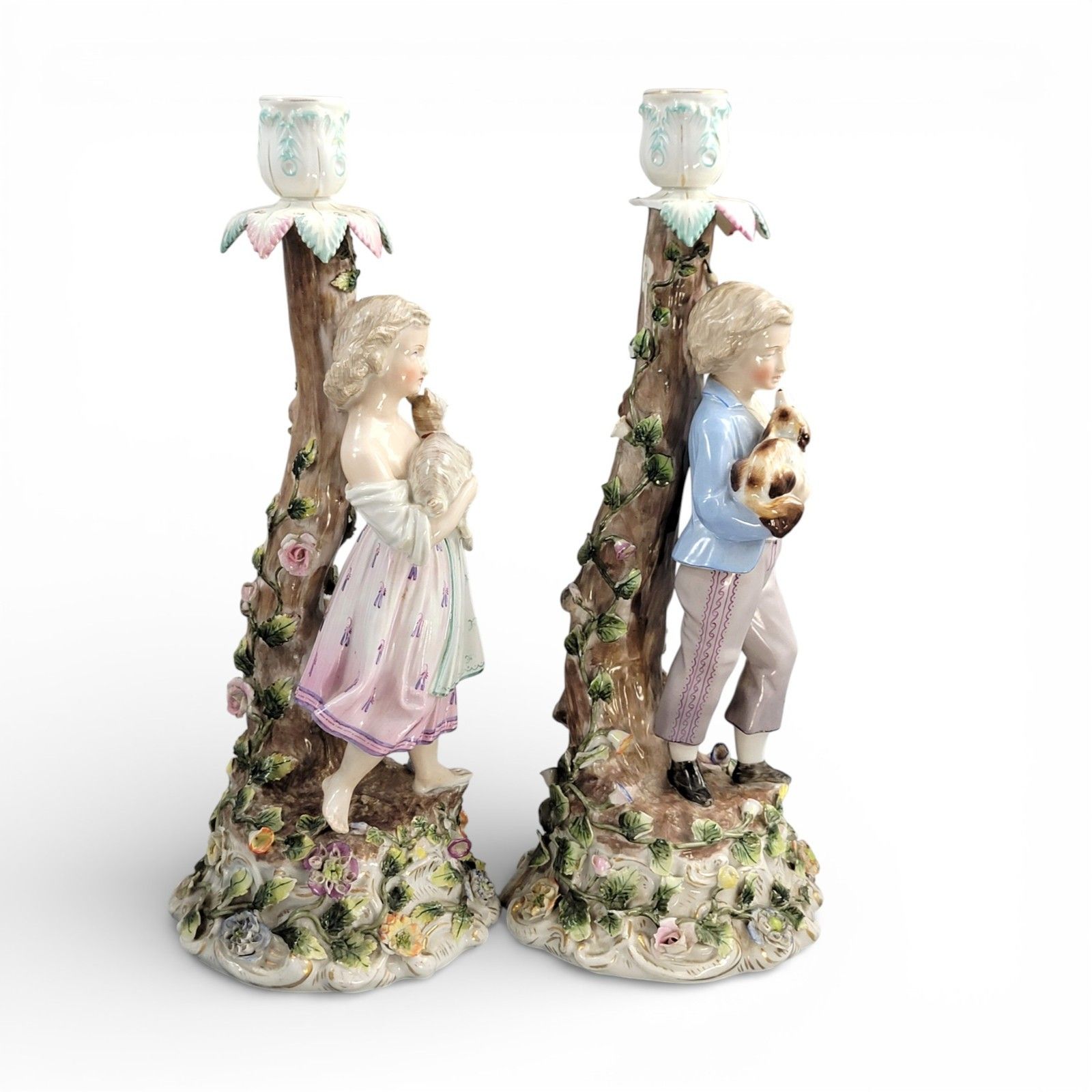 Large Sitzendorf Porcelain Figural Candlesticks Pair With Children And Animals photo 800.0