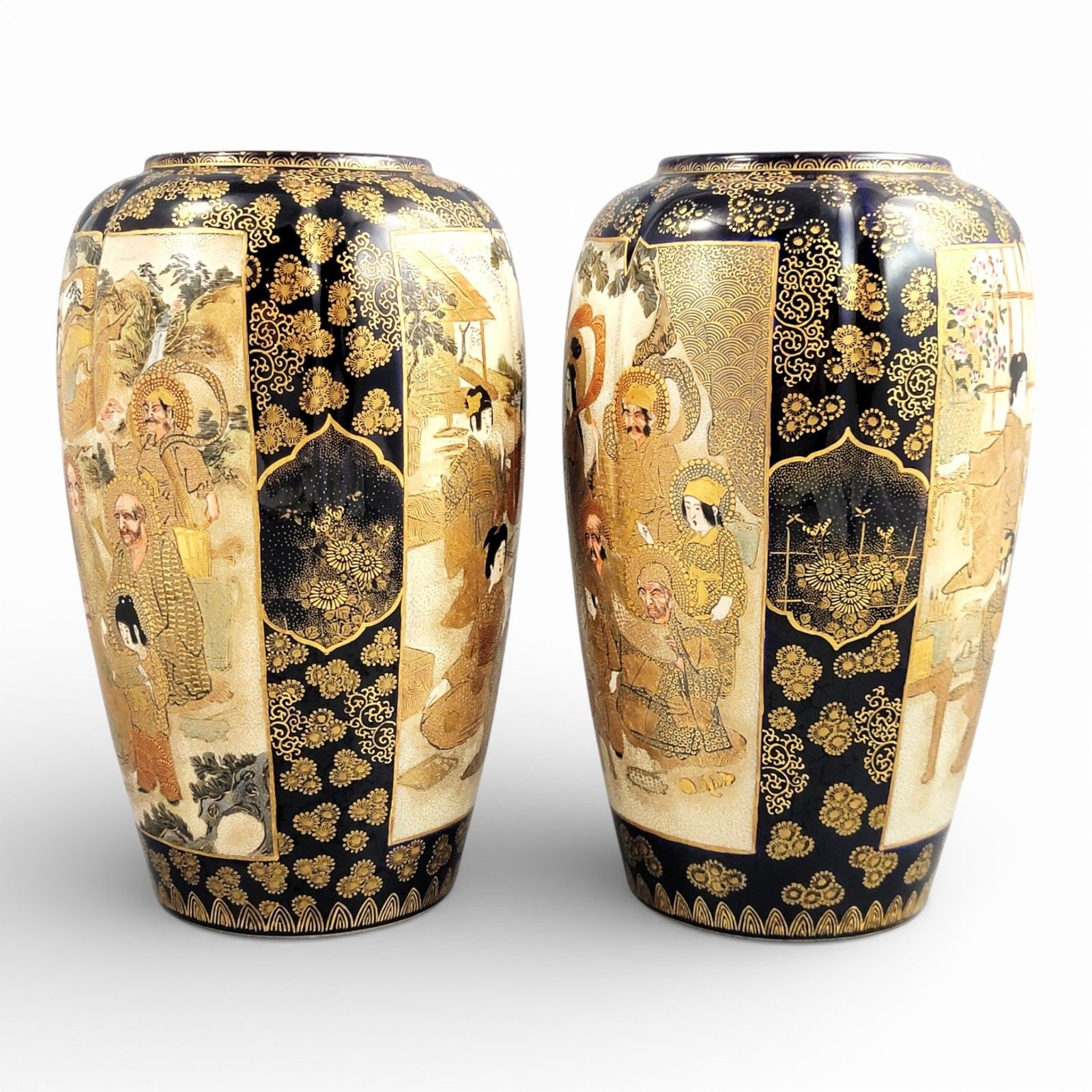 Antique Pair 25 Cm Meiji Satsuma Vases, Hodota Mark, Black And Gold, C.1890 photo Home Decor