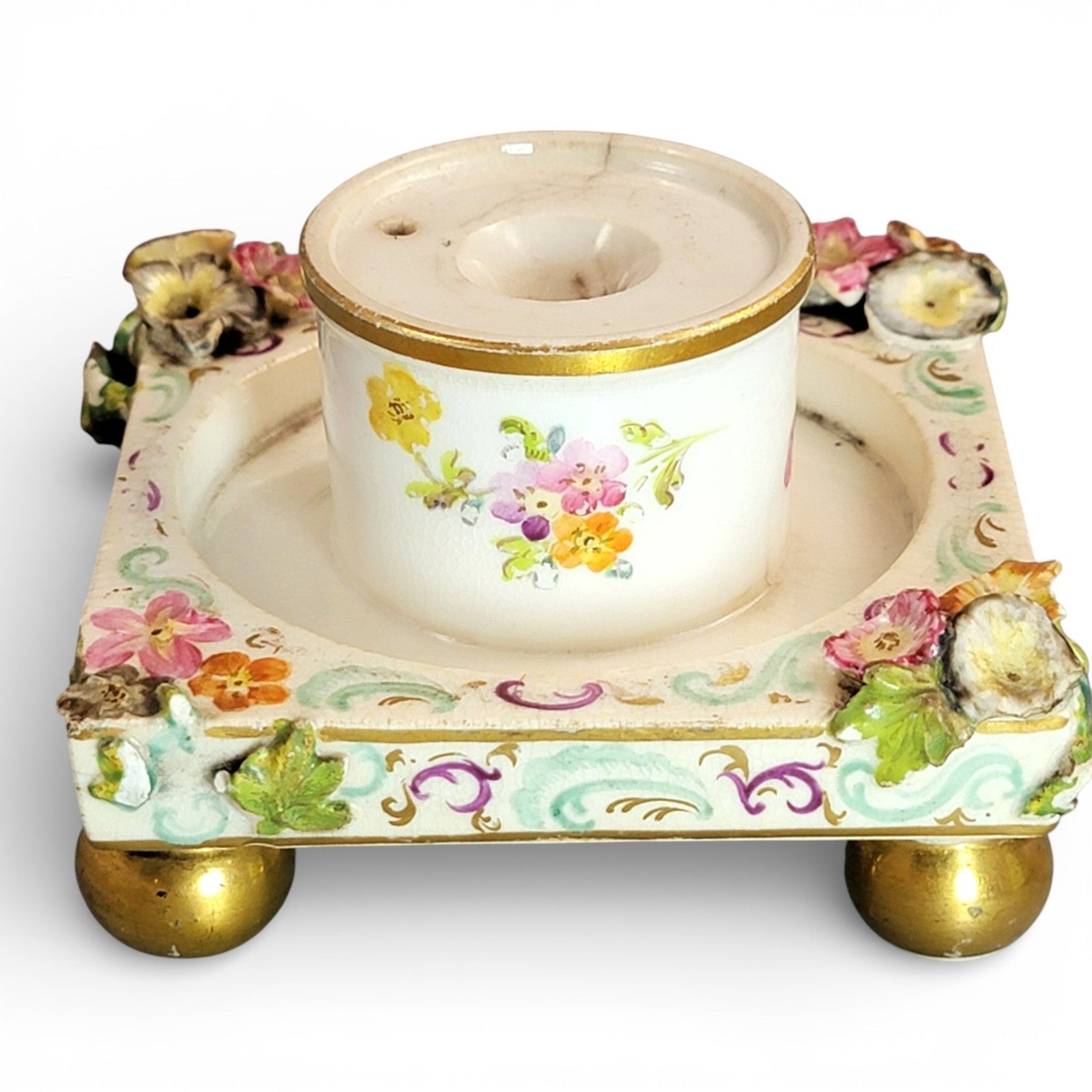 Antique Porcelain Inkstand With Pyramidal Schneeballen Cover, Saxony, C.1800 photo vintage