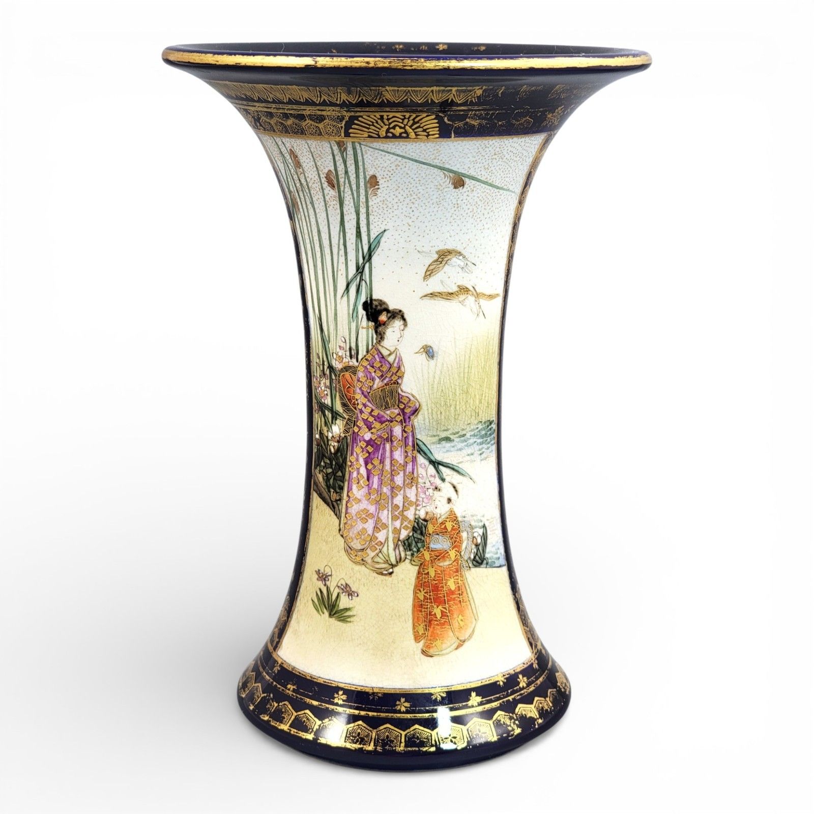 Antique Japanese Satsuma Vase C.1895, Nanzan Mark, Cobalt & Gilt Moriage