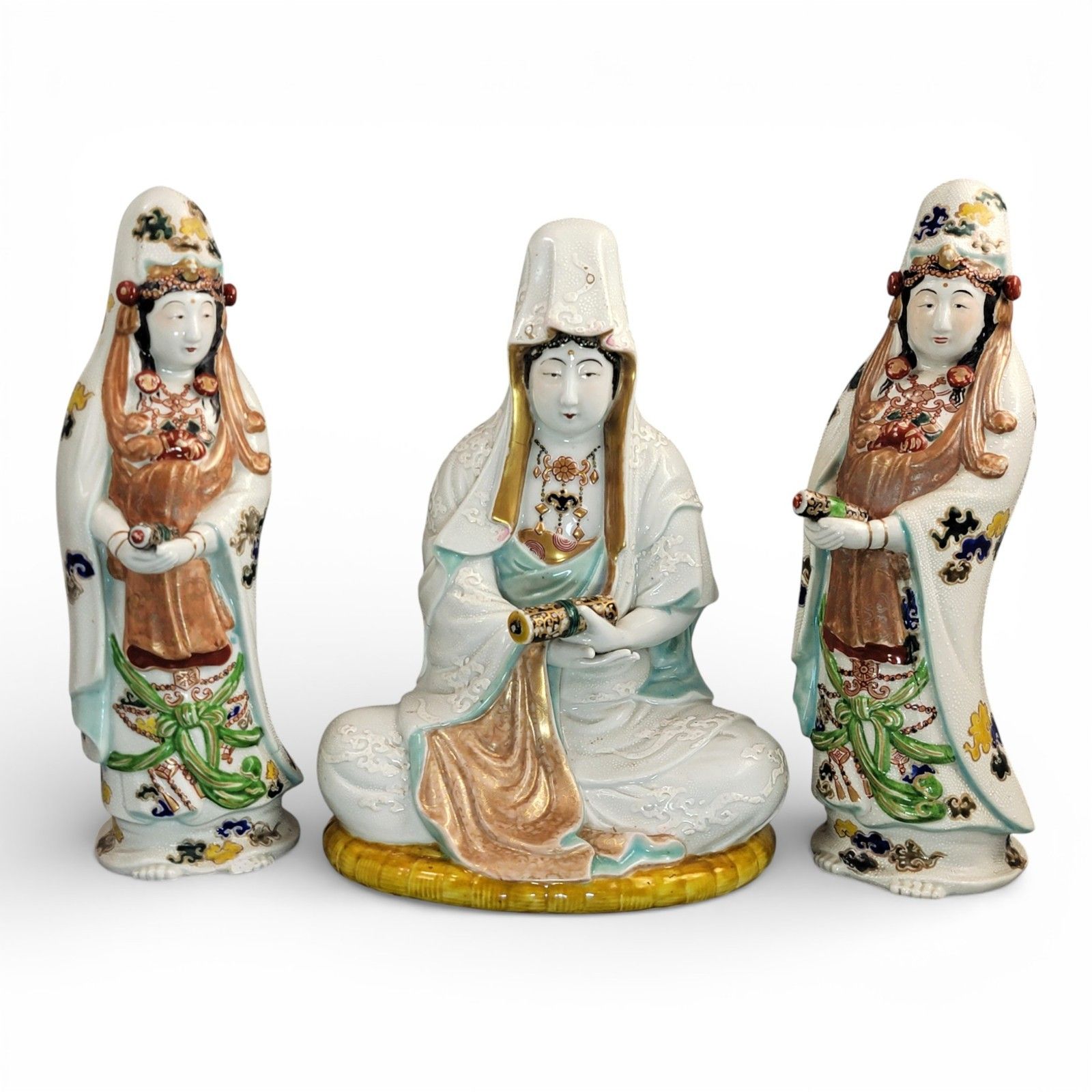 Antique Japanese Kutani Porcelain Kannon Buddhist Triad, Meiji Period C. 1880