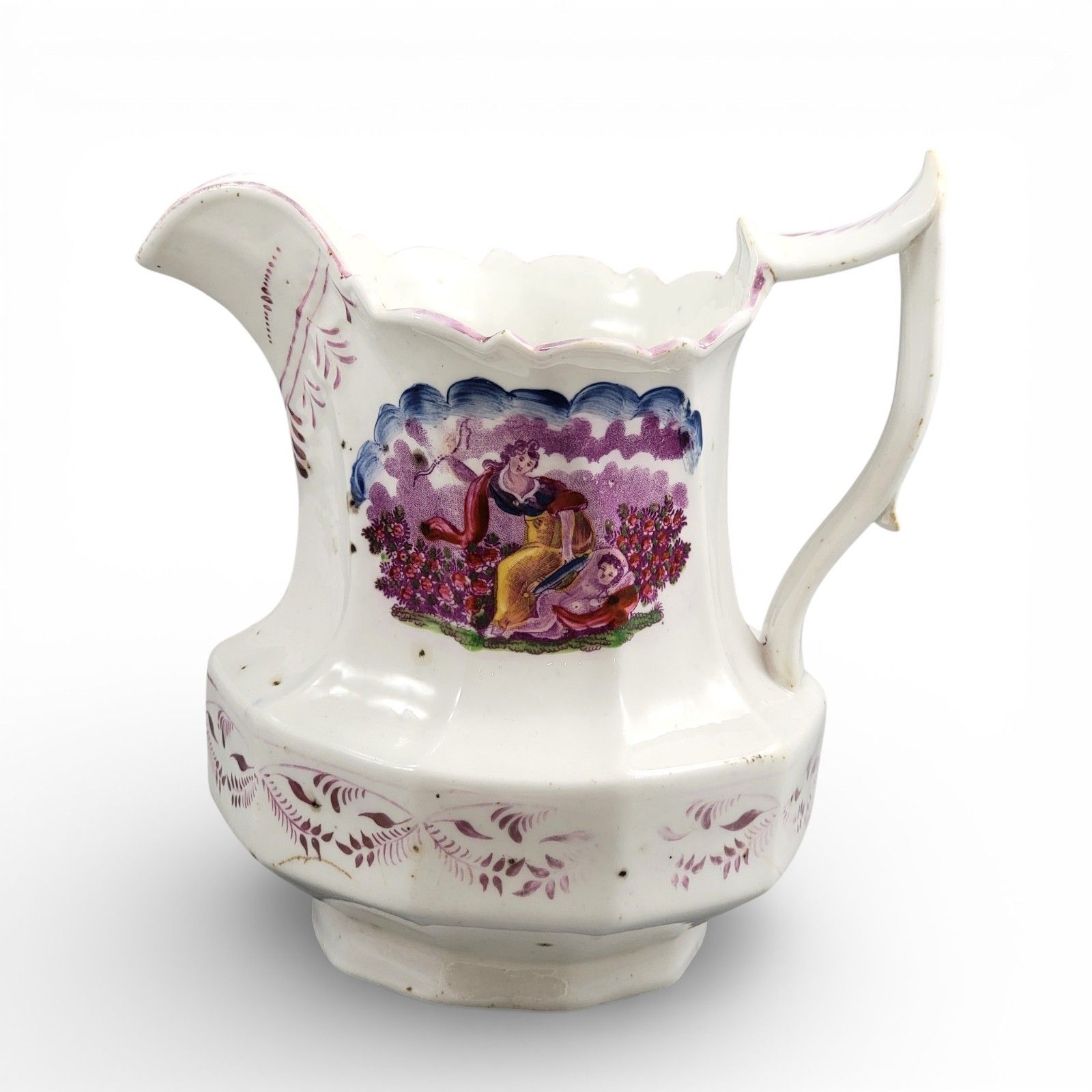 Antique Staffordshire Pearlware Lustre Jug Purple Transfer Pastoral Scene C 1830