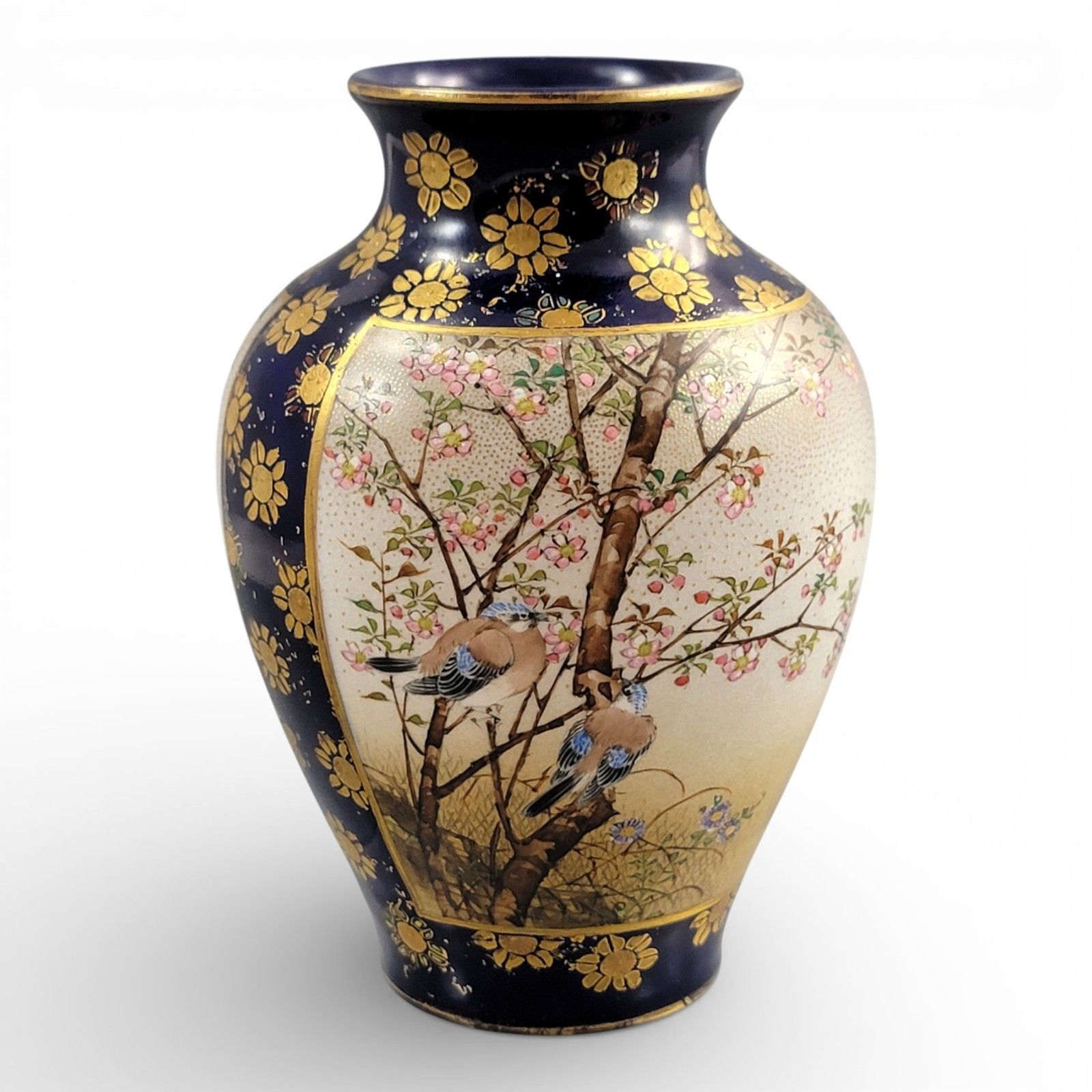 Kinkozan Kyoto Satsuma Vase C.1895 Cobalt Blue Gilt Birds Moriage photo Home Decor