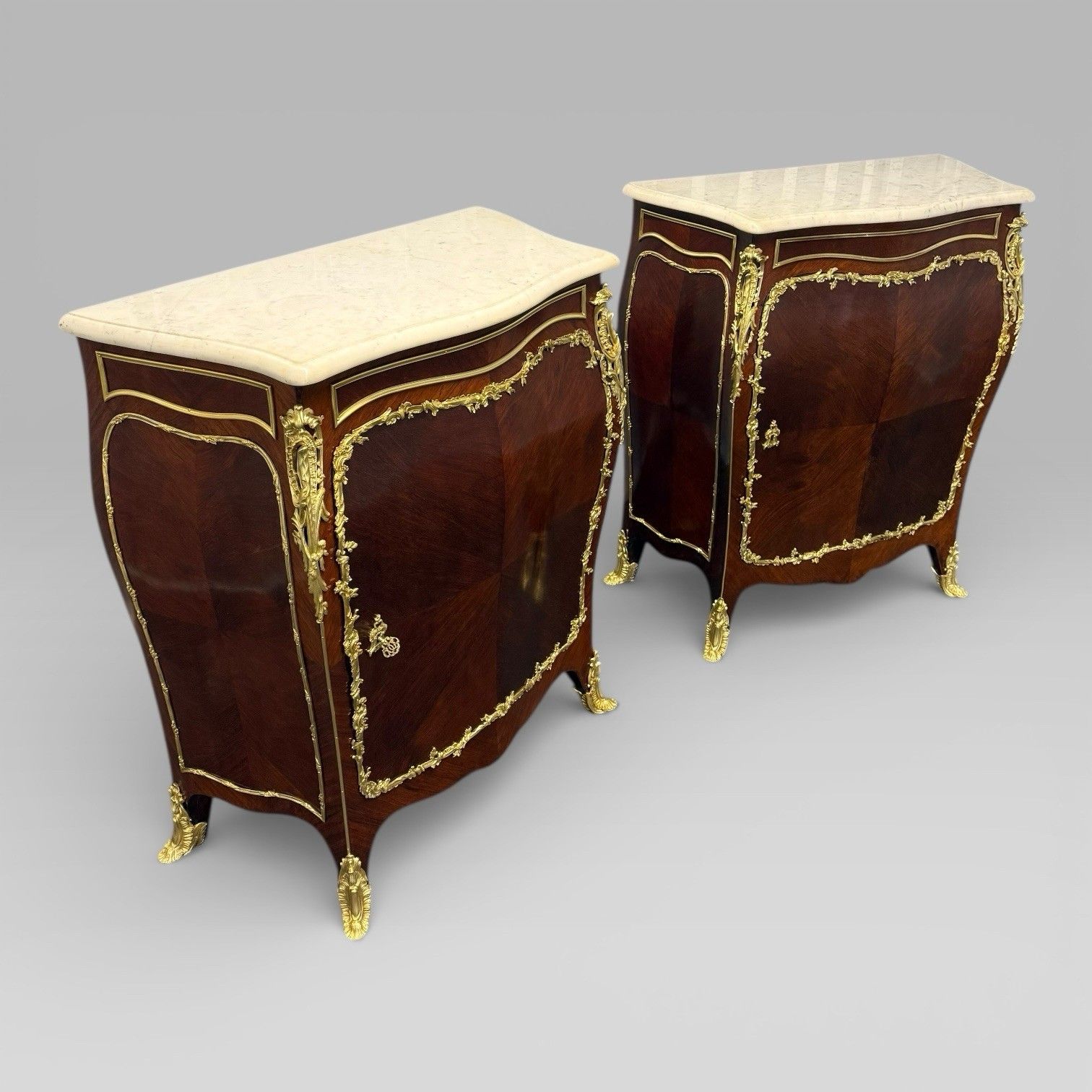 Antique Pair Of Late 19th Century French Kingwood Bombe Cabinets By E. Kahn photo for sale