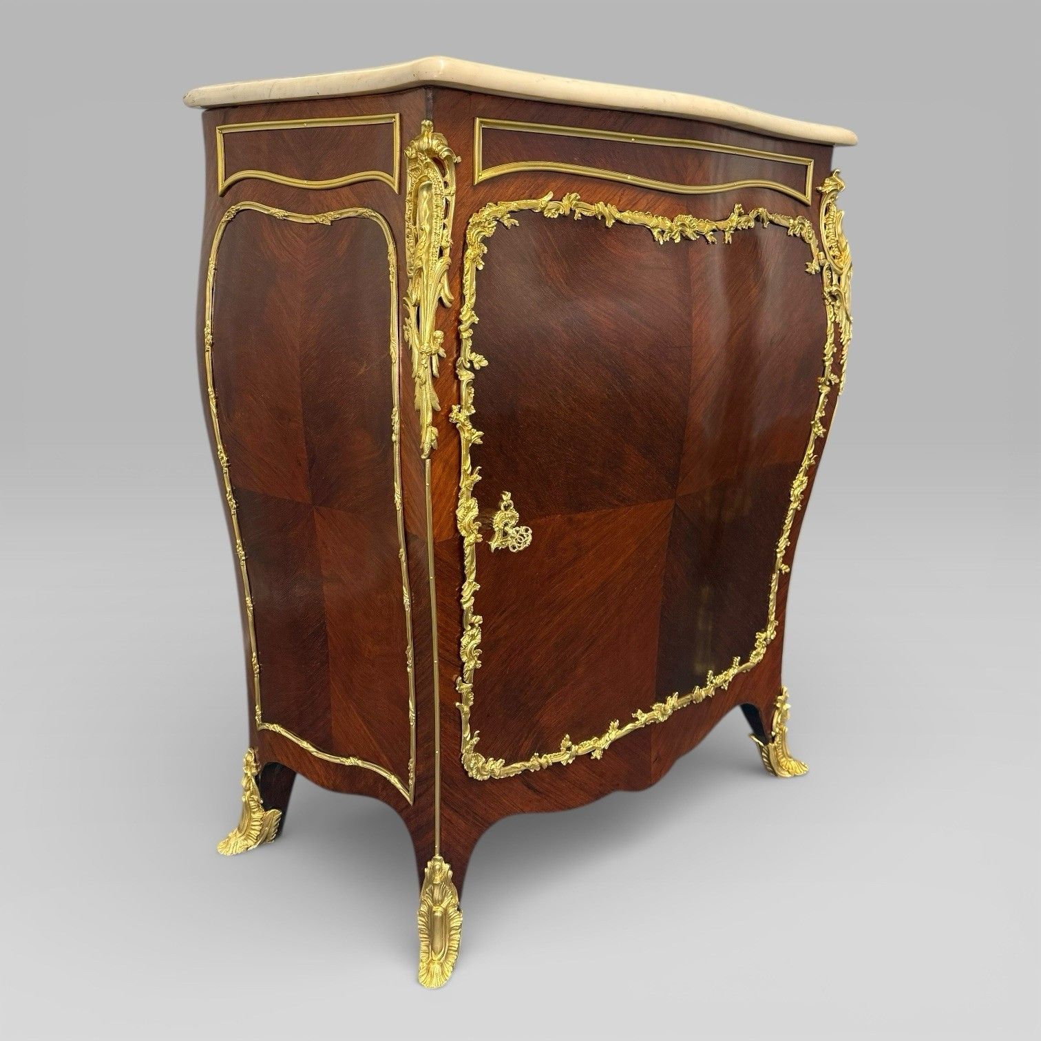 photo for sale Antique Pair Of Late 19th Century French Kingwood Bombe Cabinets By E. Kahn
